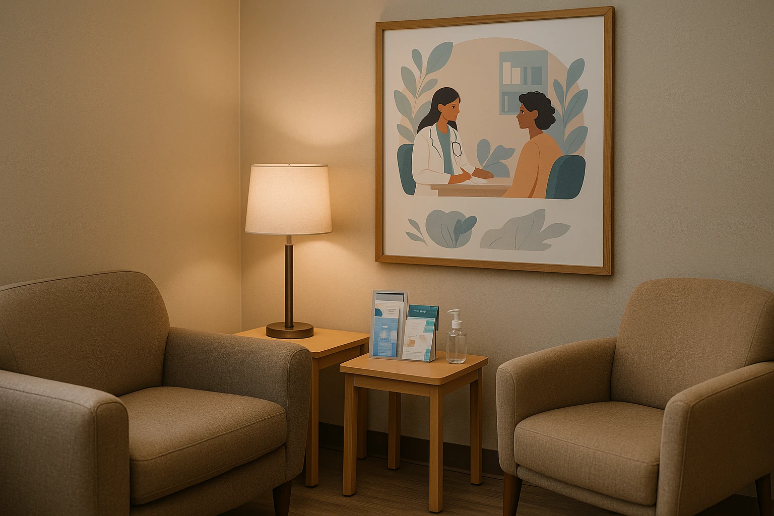 A cozy clinic room with plush seating and soft lighting, featuring a wall-mounted poster that emphasizes the importance of confidential, patient-centered STD testing, accompanied by a small table with informational pamphlets and a hand sanitizer dispenser.