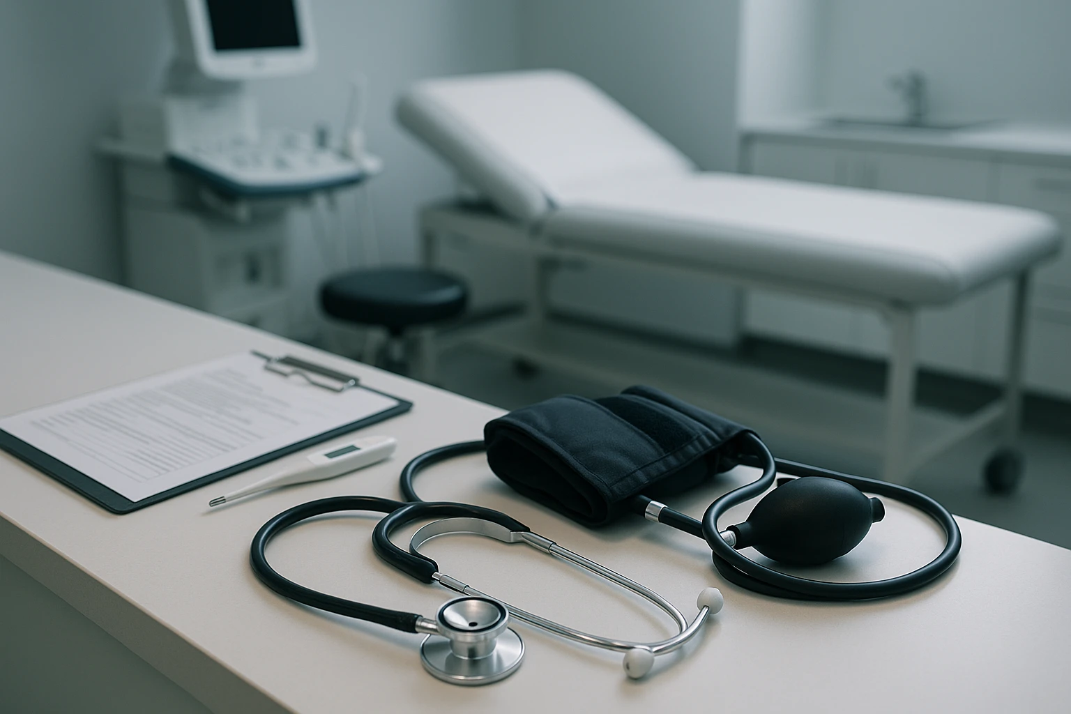 A modern medical examination room with a stethoscope and blood pressure cuff neatly placed on a counter beside a digital thermometer and a clipboard with patient notes, all under soft clinical lighting.