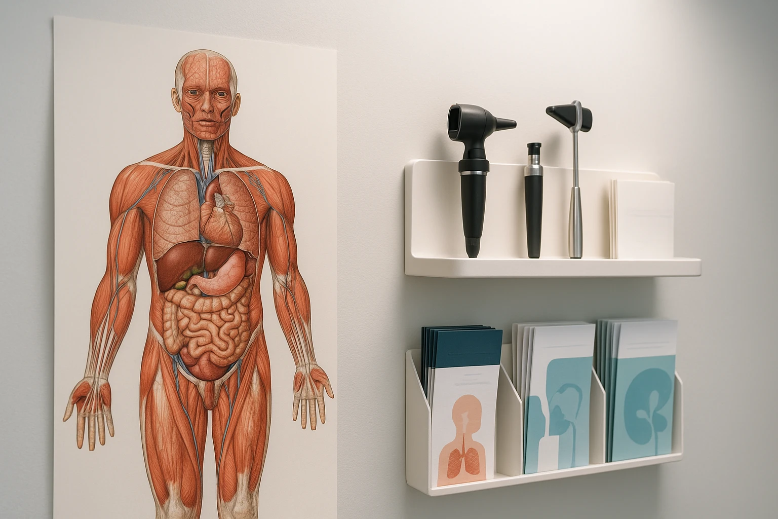 A close-up of a doctor’s office wall displaying an anatomical chart alongside a shelf filled with various medical instruments like an otoscope, a reflex hammer, and neatly organized medical brochures under bright overhead lighting.