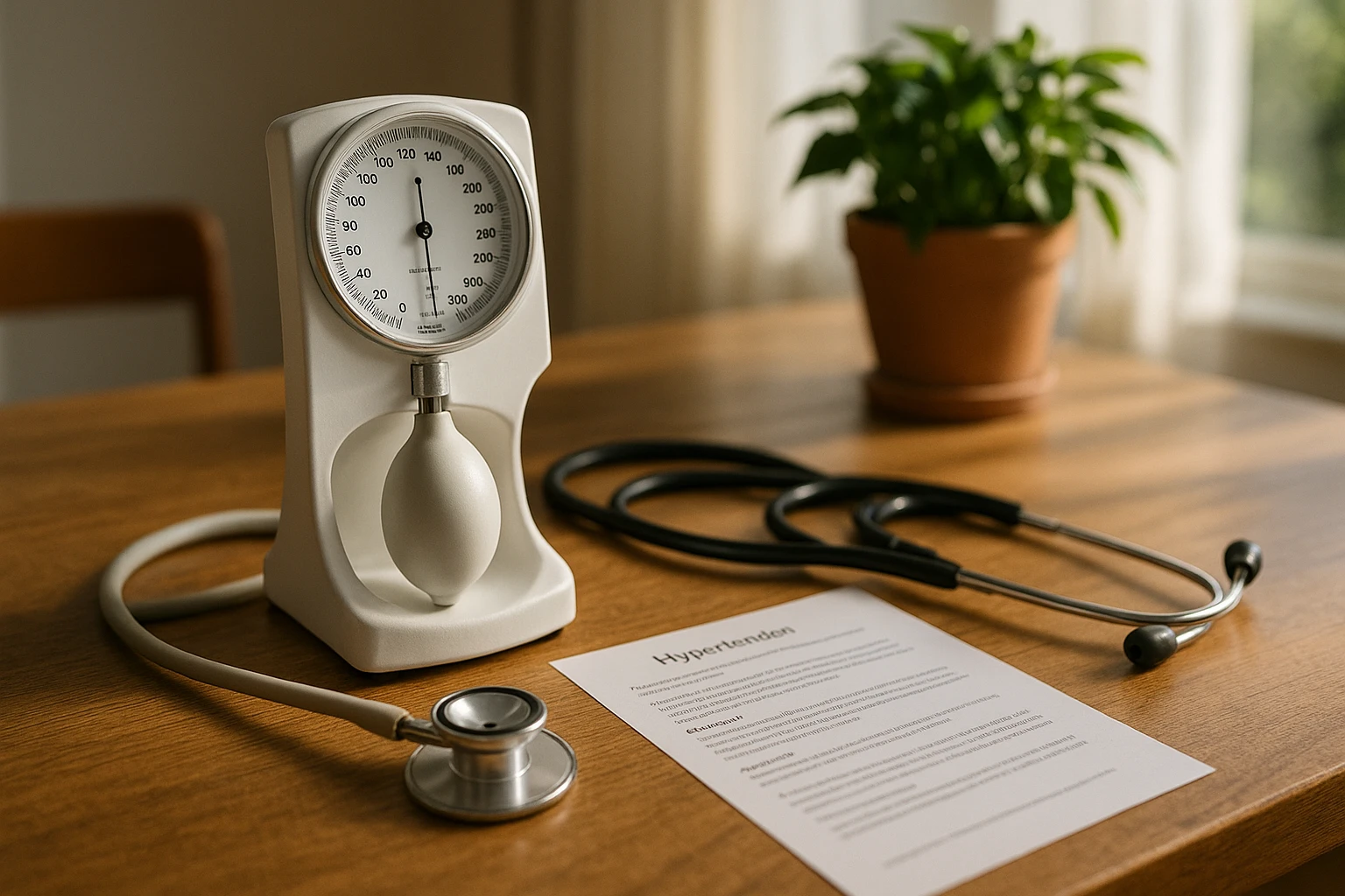 A white medical sphygmomanometer placed on a wooden table beside a potted plant in a sunlit room, with a stethoscope and a patient information leaflet about hypertension.