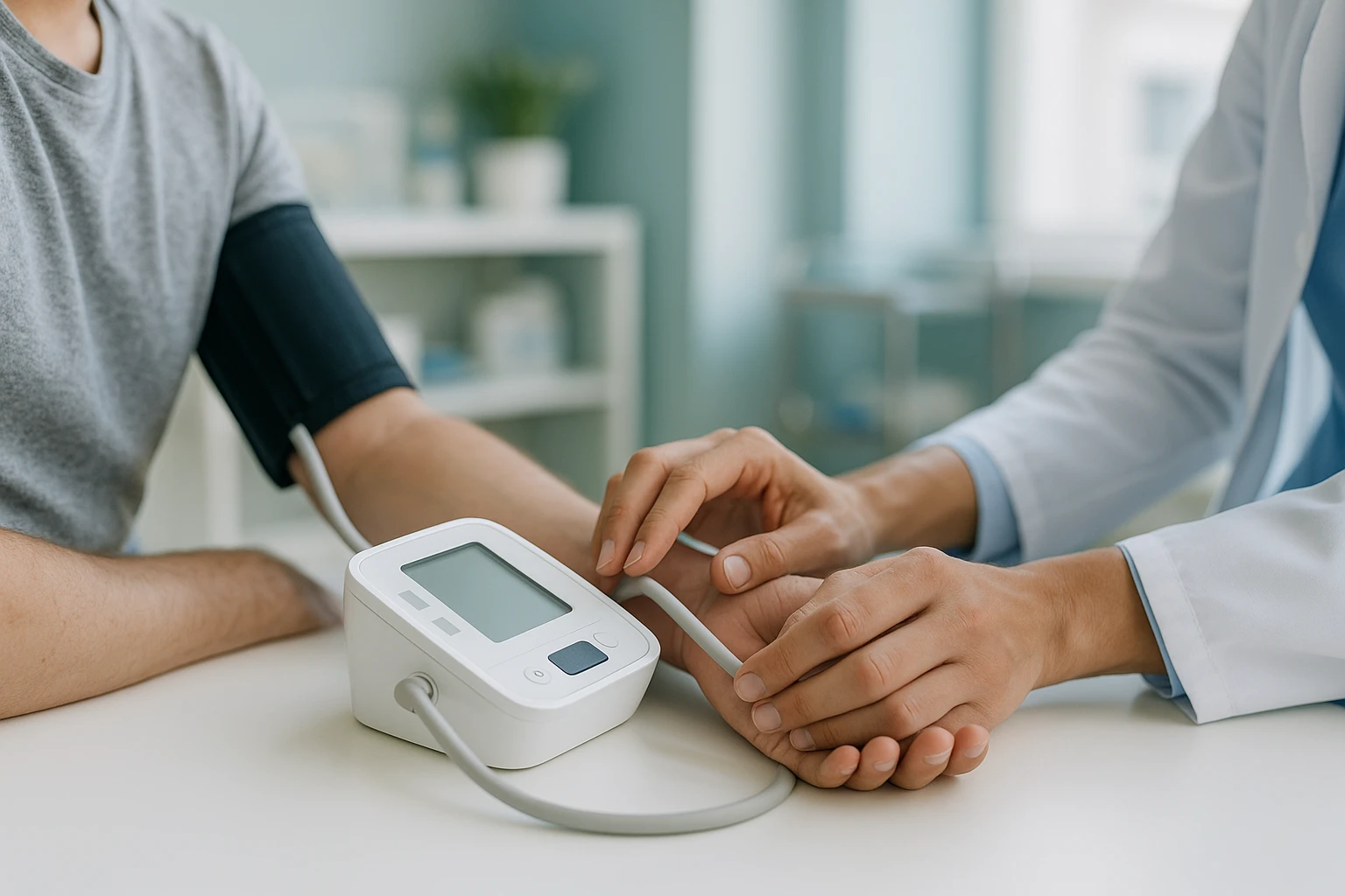 A close-up of a healthcare professional’s hands adjusting a digital blood pressure monitor on a patient's arm, with a background of a bright, modern clinic room emphasizing medical equipment and calming wall colors.