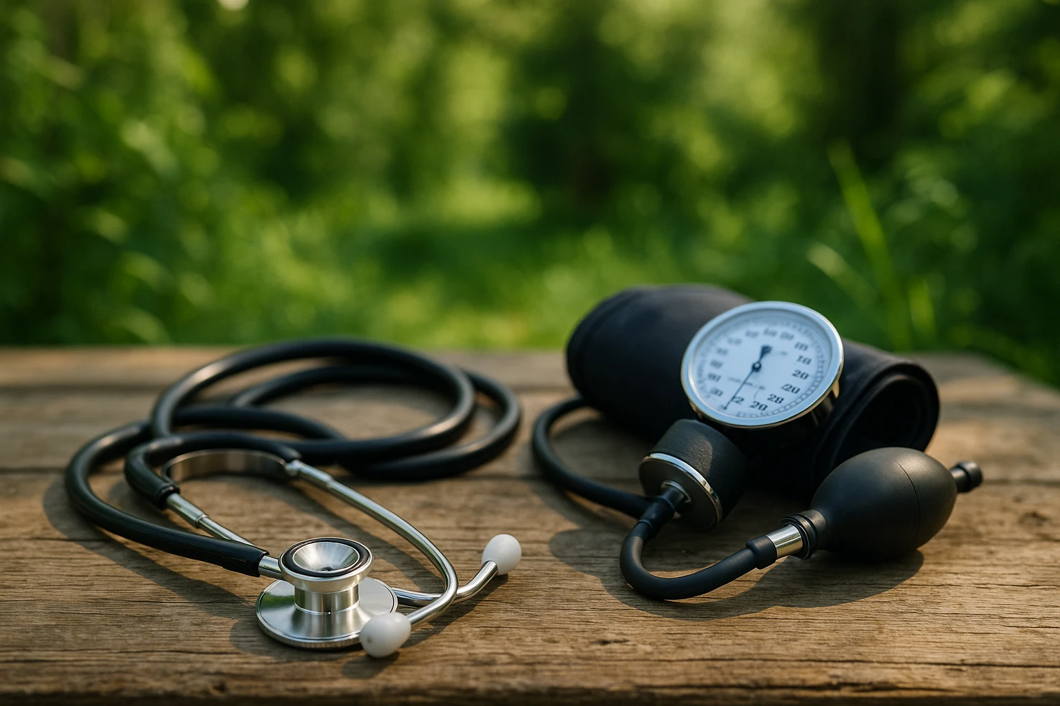 A doctor’s stethoscope and blood pressure monitor resting on a rustic wooden table outdoors, surrounded by lush greenery, symbolizing holistic and approachable chronic disease management in Glen Burnie.