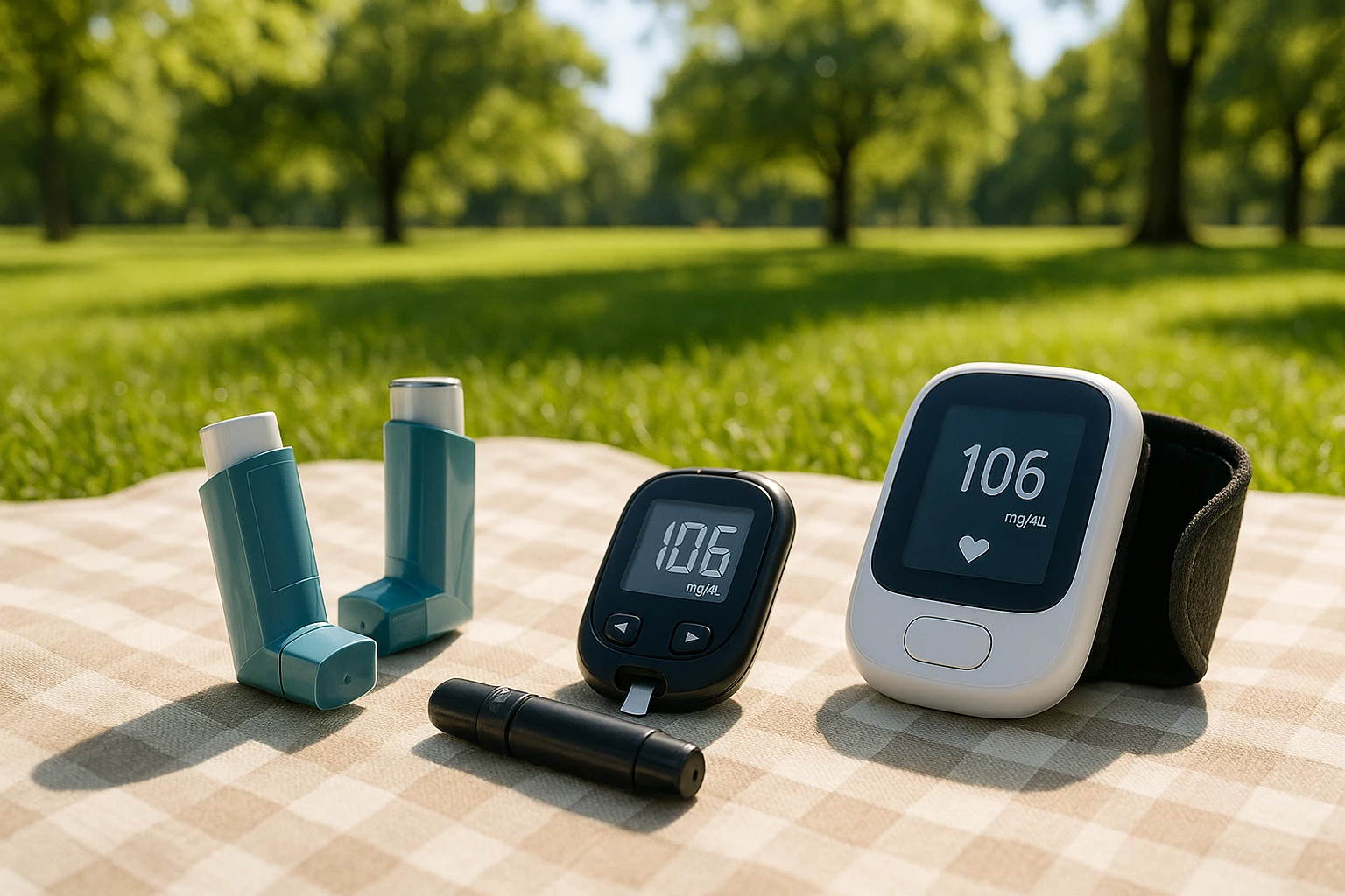 A collection of medical equipment like inhalers, glucose meters, and heart rate monitors laid out on a picnic blanket in a sunny park, symbolizing the integration of health management tools with outdoor, active lifestyles in Glen Burnie.