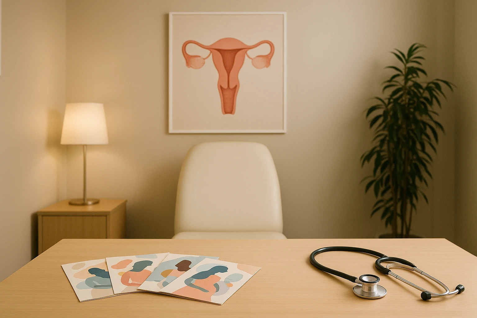 A serene medical consultation room with soft lighting and a poster depicting the female reproductive system, alongside a table displaying patient-friendly pamphlets on menstrual health and a stethoscope neatly placed beside them.
