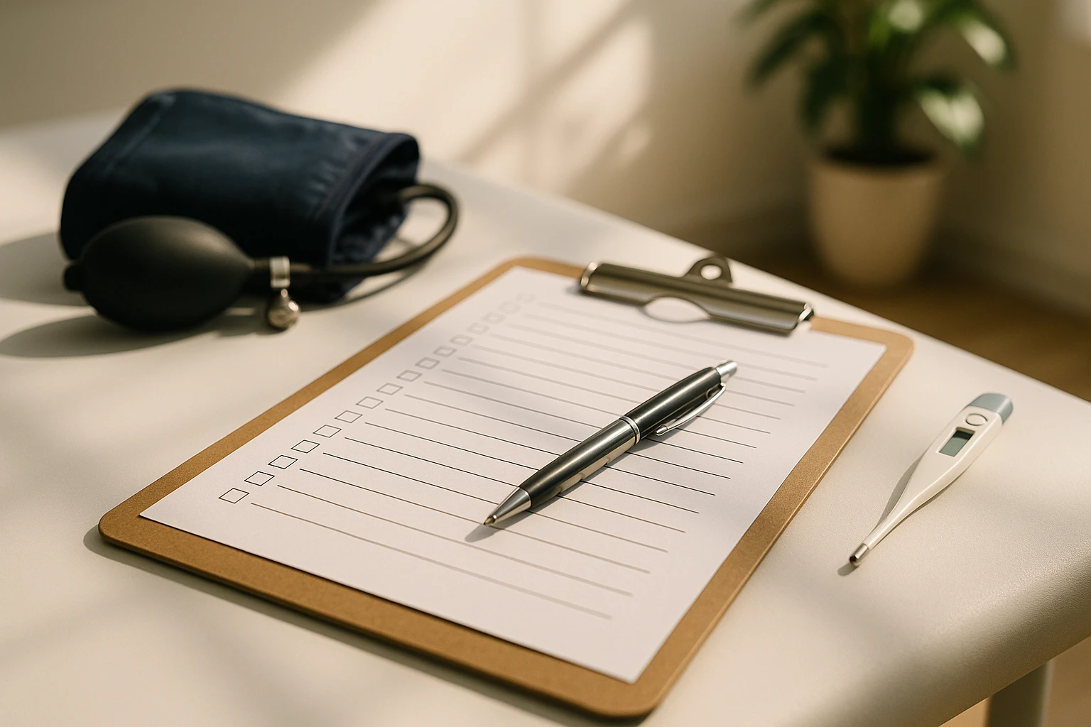 A close-up of a medical checklist on a clipboard, with a pen placed diagonally on top, surrounded by a blood pressure cuff and a thermometer on a counter in a sunlit examination room with a plant in the corner.