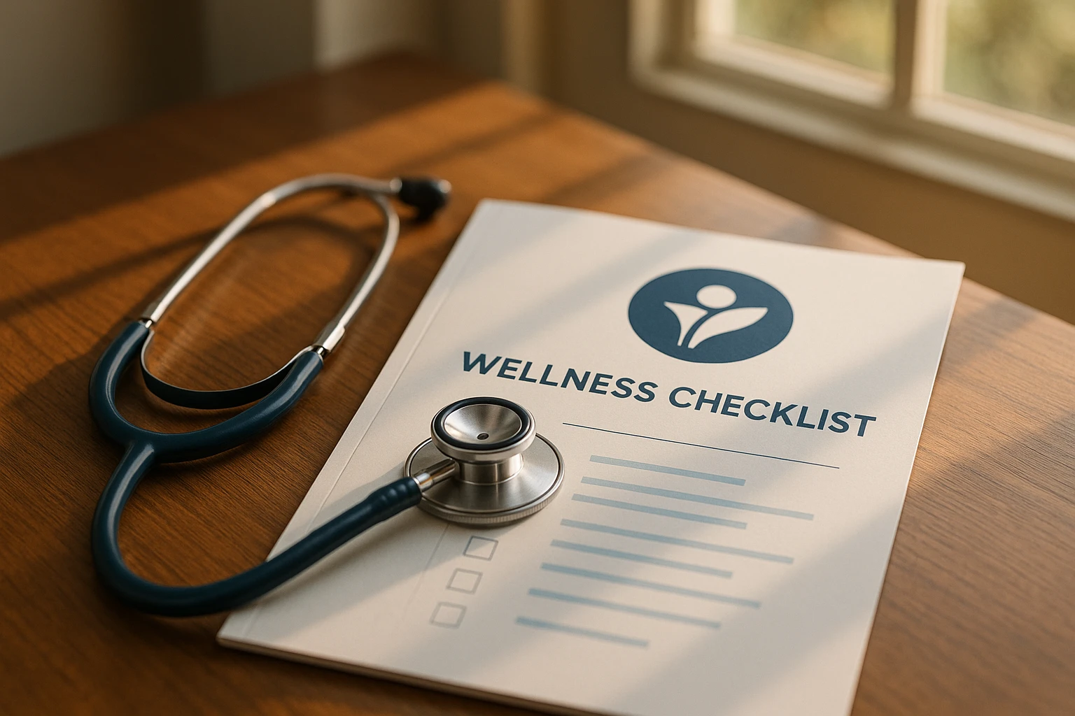 A healthcare brochure displaying a stethoscope and a wellness checklist on a wooden table, with sunlight streaming through a nearby window, highlighting the Priority Partners logo prominently on the page.