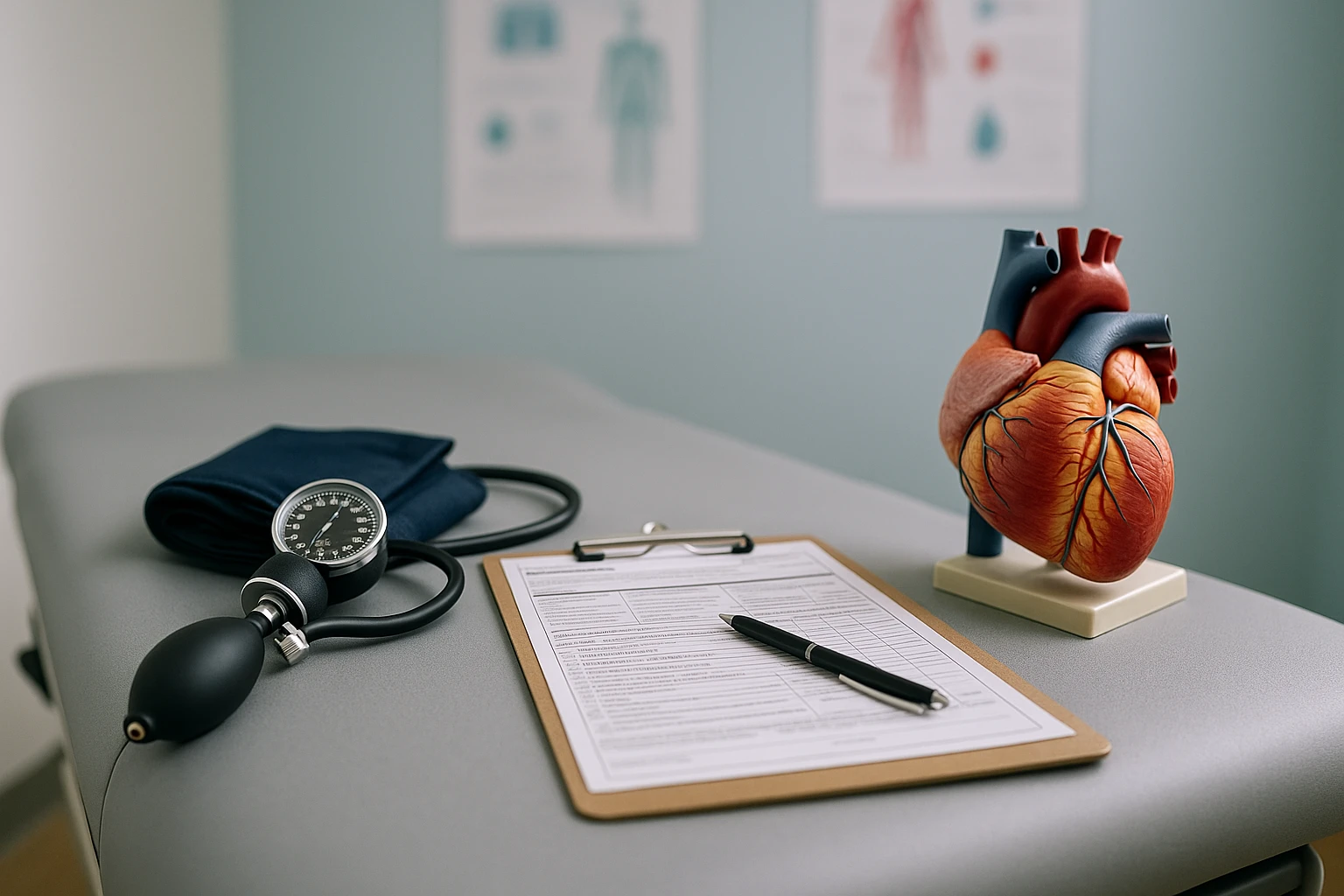 A close-up of a medical examination room table featuring a blood pressure cuff, a clipboard with a detailed health form marked 