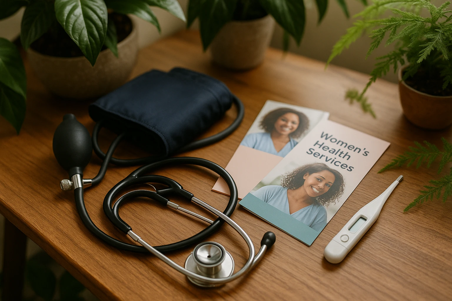 A neat arrangement of medical tools, including a stethoscope, blood pressure cuff, and thermometer on a wooden table, with pamphlets about women's health services in Glen Burnie, MD, surrounded by indoor plants for a calming touch.