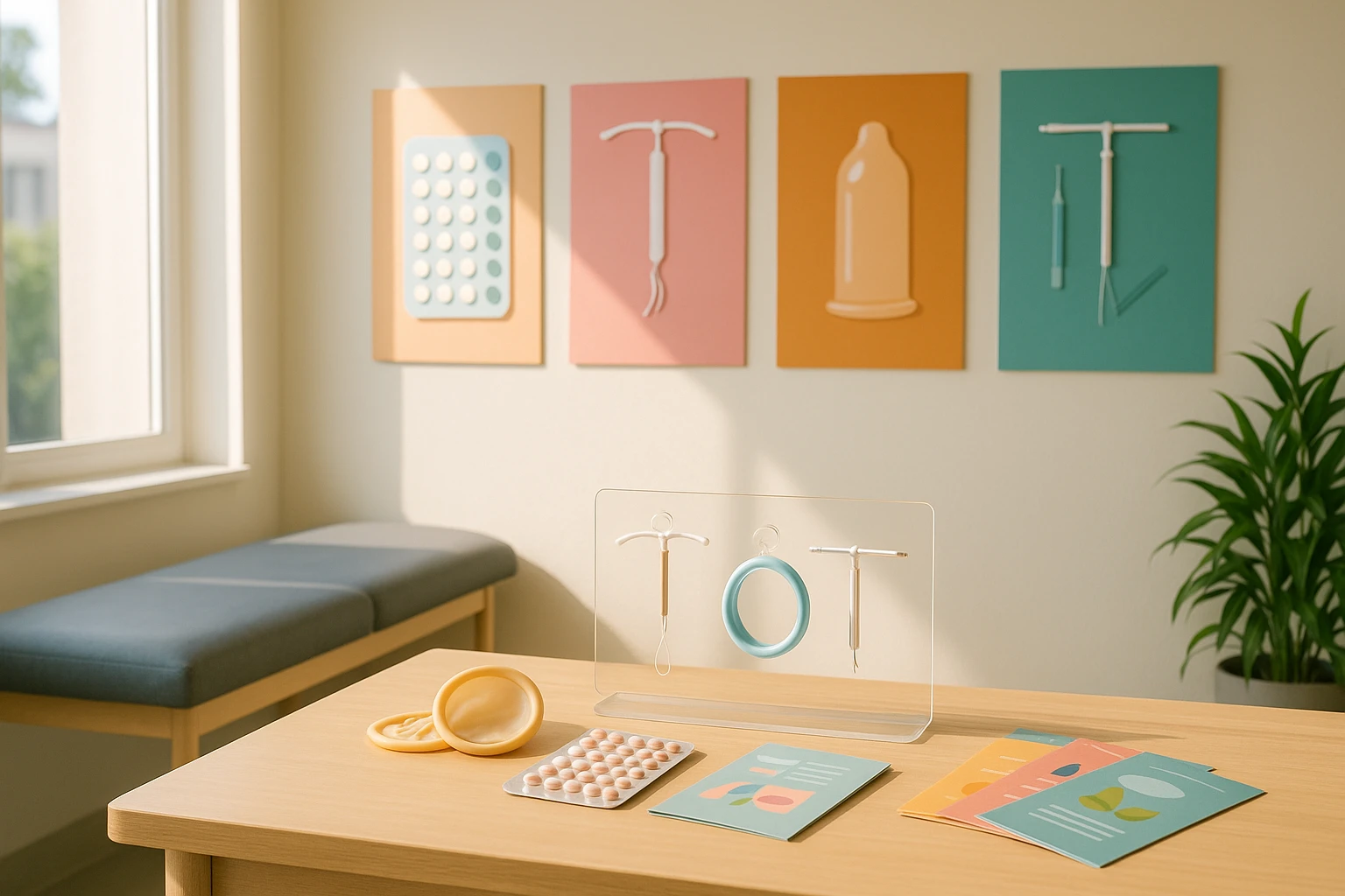 A serene, sunlit clinic room with colorful informational posters about contraceptive options on the walls and a display table adorned with various contraceptive tools and pamphlets, creating an inviting and educational setting.