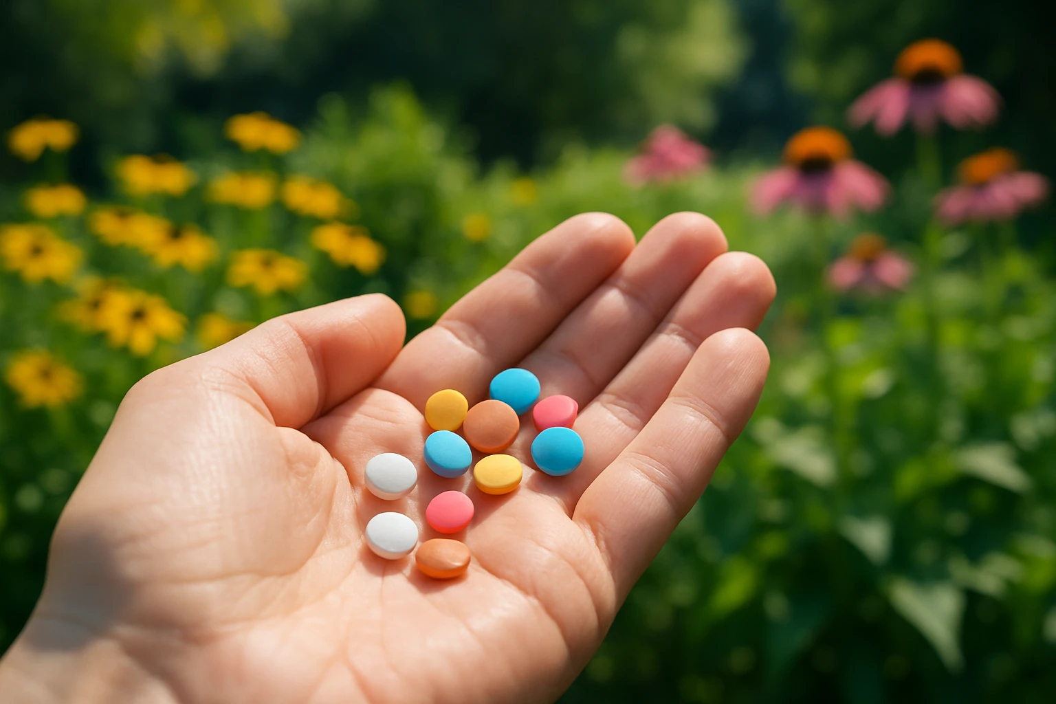 A close-up of a hand holding various colorful contraceptive pills against a backdrop of a sunny garden in Glen Burnie, with vibrant flowers and greenery symbolizing health and life choices.