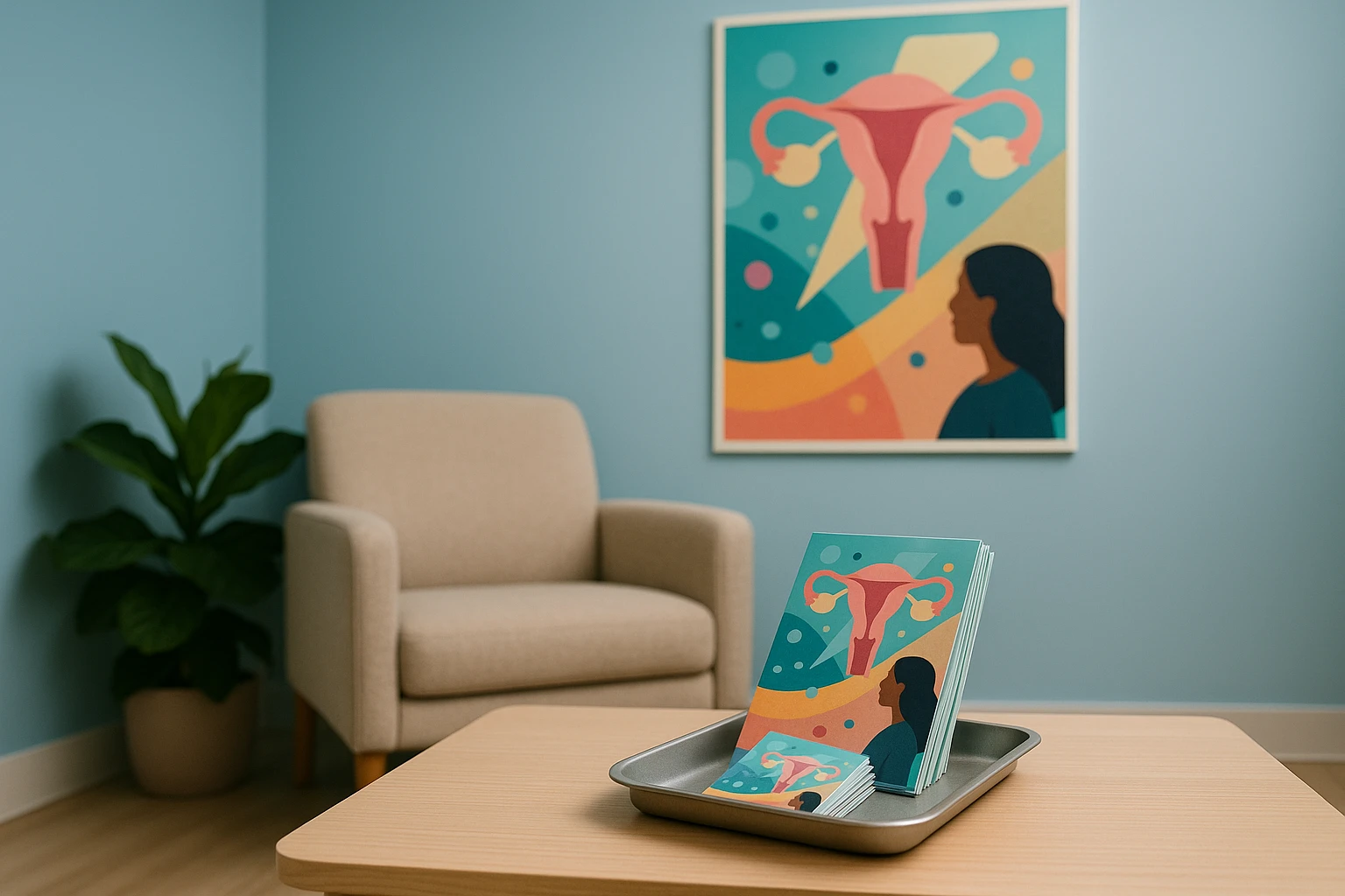 A serene waiting room with calming blue walls, a tray of <figcaption style=