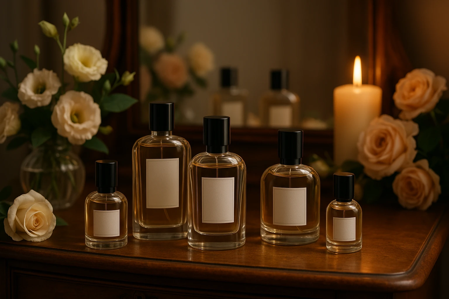 A collection of elegant perfume bottles with minimalist labels displayed on a vintage wooden vanity, surrounded by fresh flowers and soft candlelight, evoking a sense of affordable luxury and sophistication.