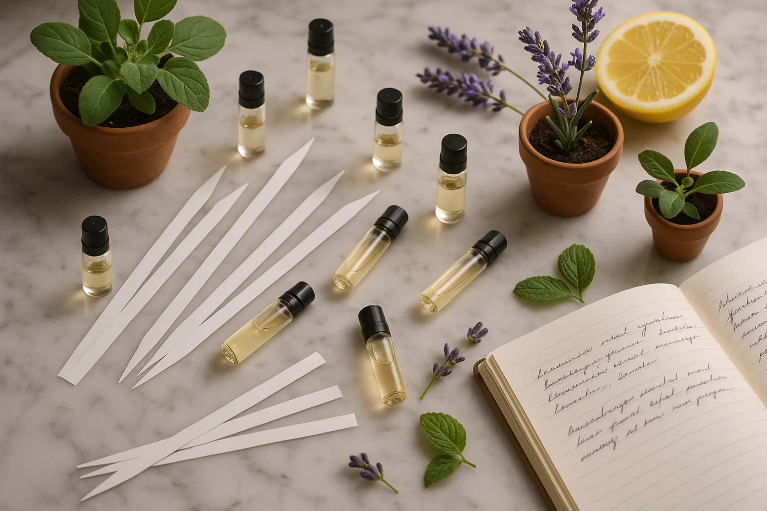 An array of detailed scent strips and vials scattered across a marble counter, surrounded by small potted herbs and flowers corresponding to fragrance notes like lavender and citrus, with an open notebook filled with handwritten observations.