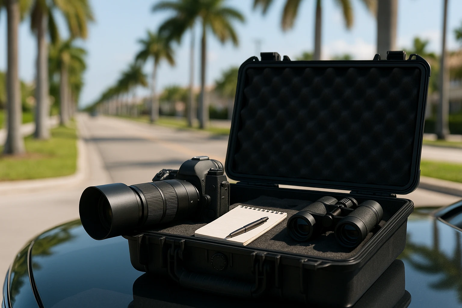 A private investigator's toolkit lies open on the hood of a car parked near a palm-lined Boynton Beach street, showcasing a camera with a telephoto lens, a notepad, and binoculars, set against the backdrop of sunny South Florida.