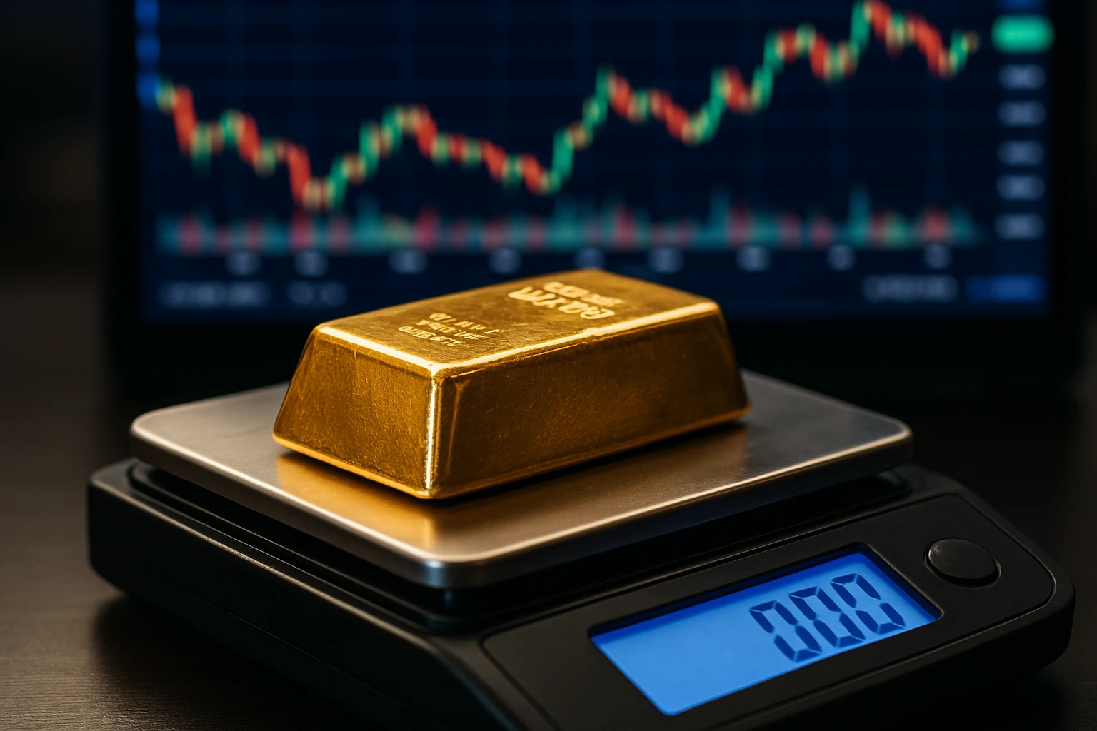 A close-up of a gold bar being weighed on a digital scale, with a blurred background showing fluctuating stock charts on a bright screen.