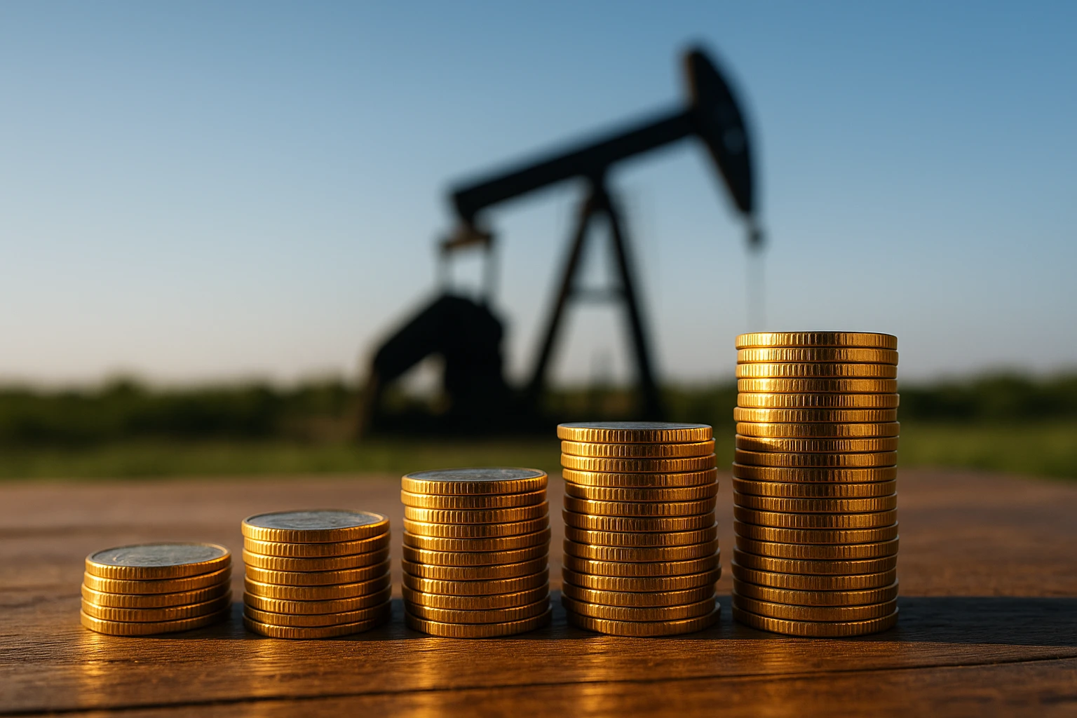 A series of gold coins arranged on a wooden table outdoors, catching sunlight, with an oil rig silhouette visible in the distance under a clear blue sky.