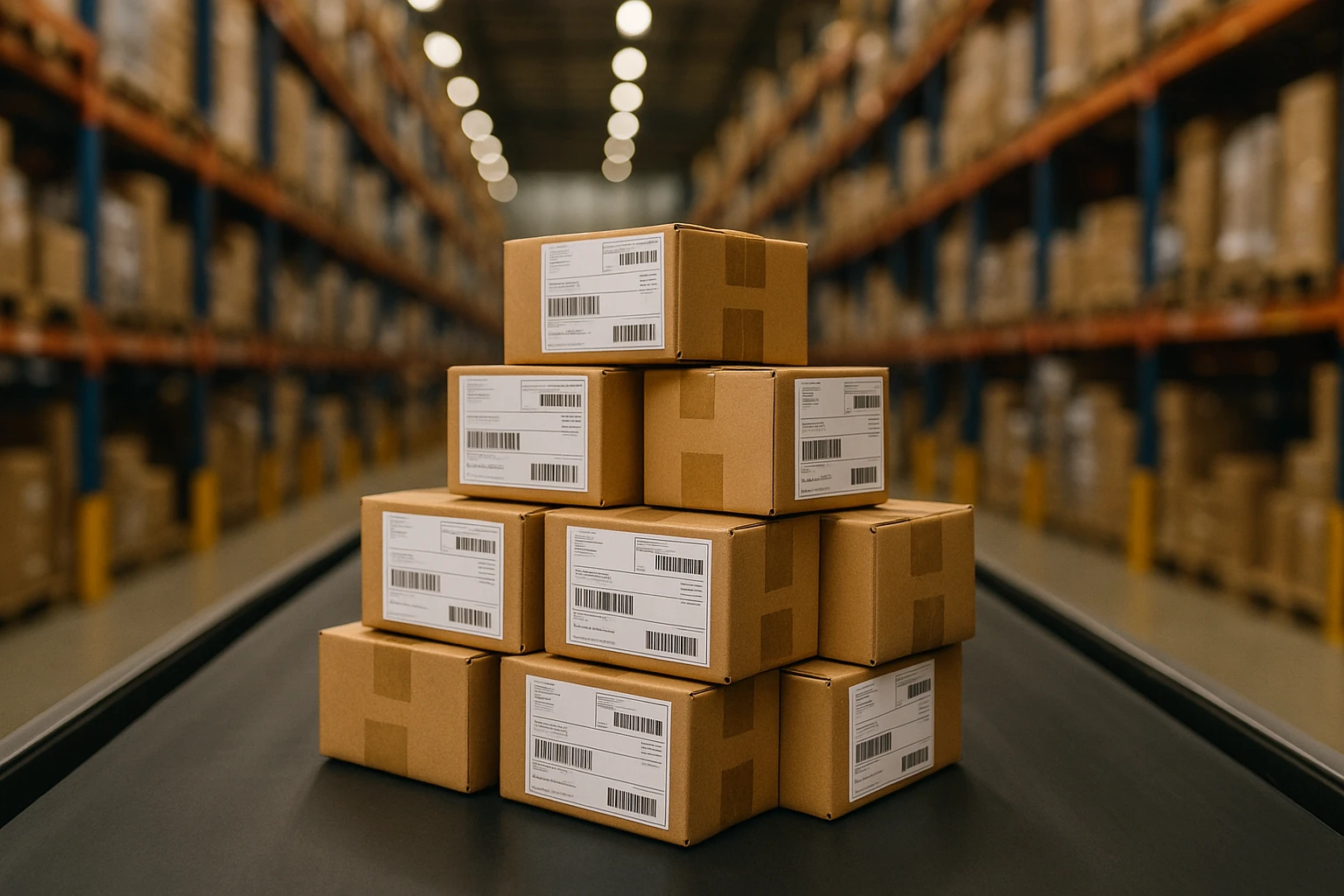 A stack of small packages with shipping labels sits on a conveyor belt in a bustling warehouse, surrounded by towering shelves filled with assorted goods ready for distribution.