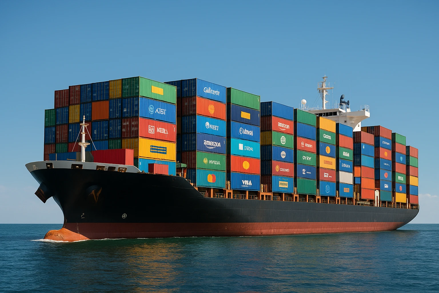 A cargo ship loaded with multi-colored shipping containers, each adorned with various international brand logos, sails under a clear blue sky, symbolizing global trade and the movement of goods without tariffs due to the de minimis rule.