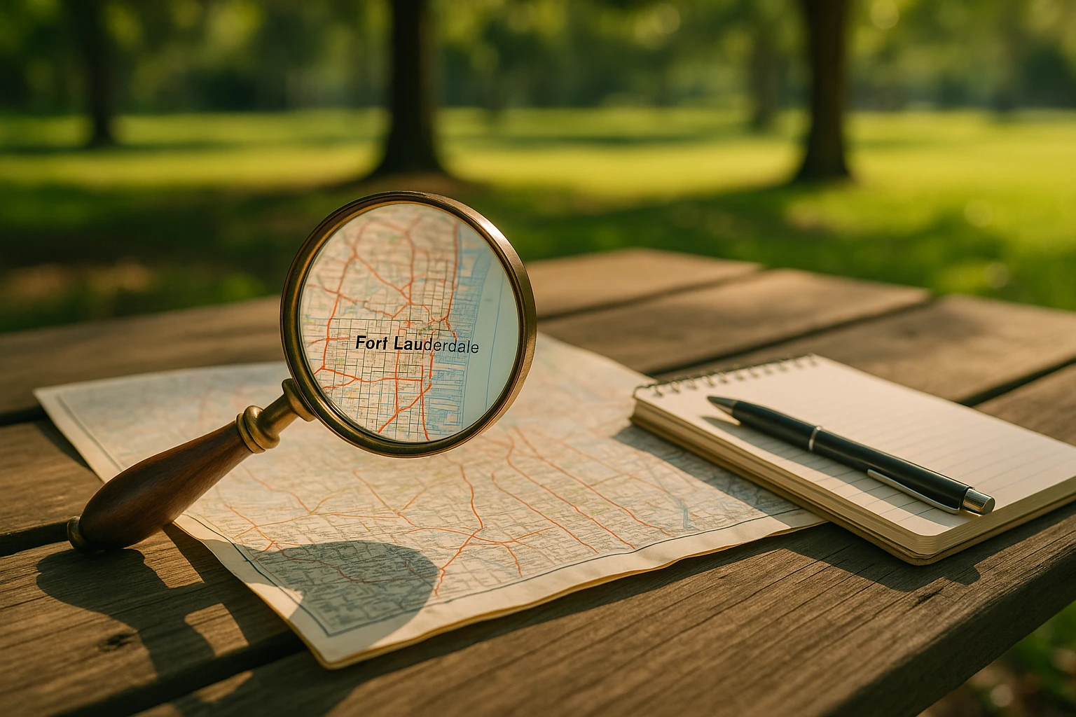 A vintage magnifying glass held over a map of Fort Lauderdale, with a notepad and pen beside it, set on a wooden picnic table in a park, surrounded by sunlight and greenery.