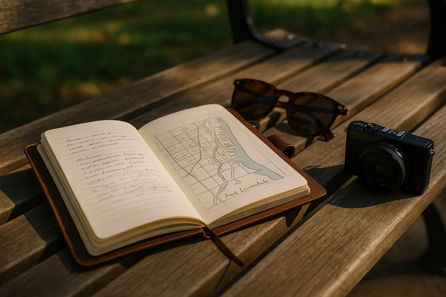 A leather-bound notebook with embossed initials lying open on a sunlit park bench, displaying notes and a sketched map of Fort Lauderdale, surrounded by a pair of sunglasses and a small digital camera.
