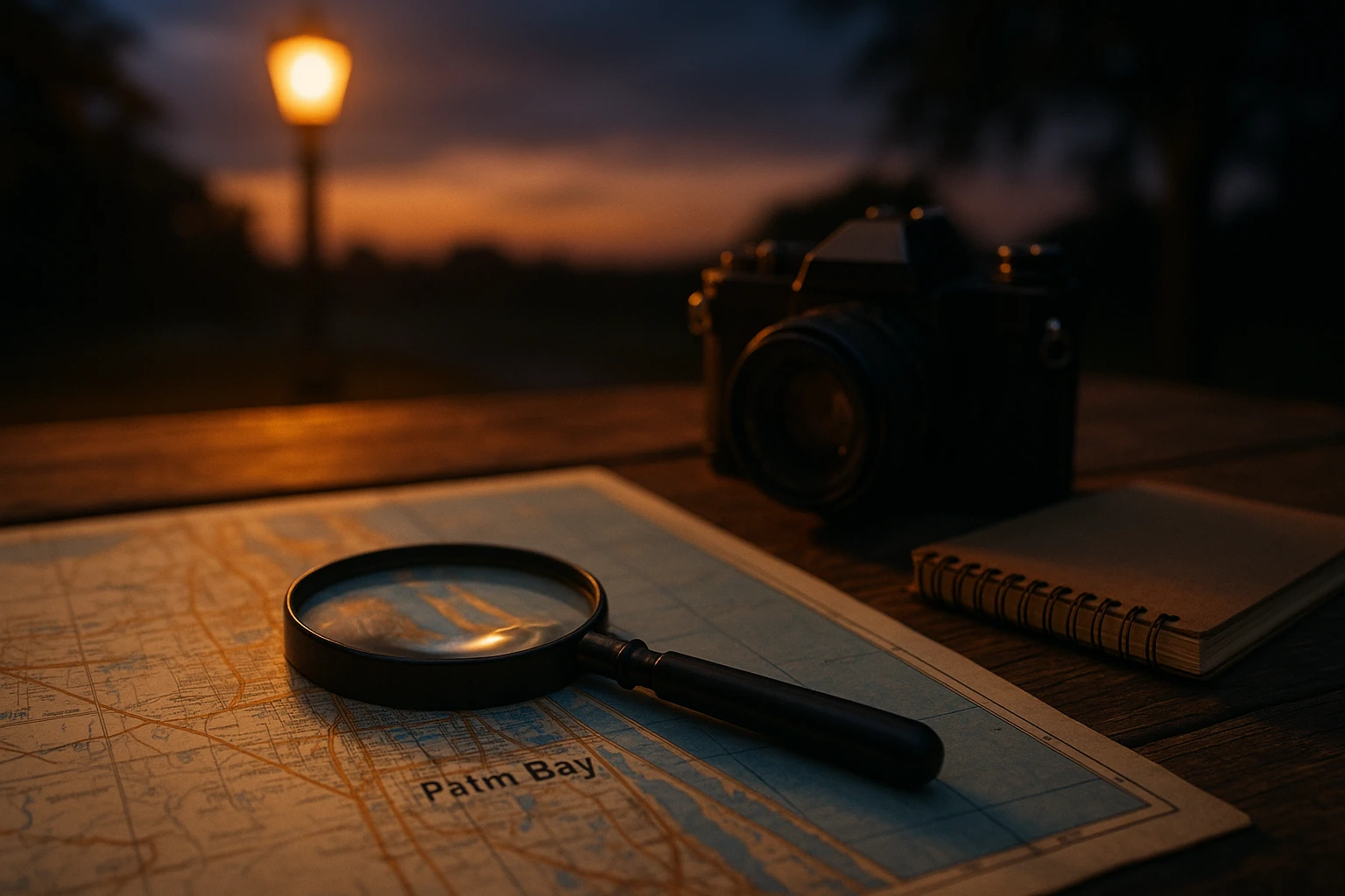 A magnifying glass lies on a map of Palm Bay, Florida, with a camera and notepad beside it, set on a rustic wooden table under the soft glow of a streetlamp at dusk.