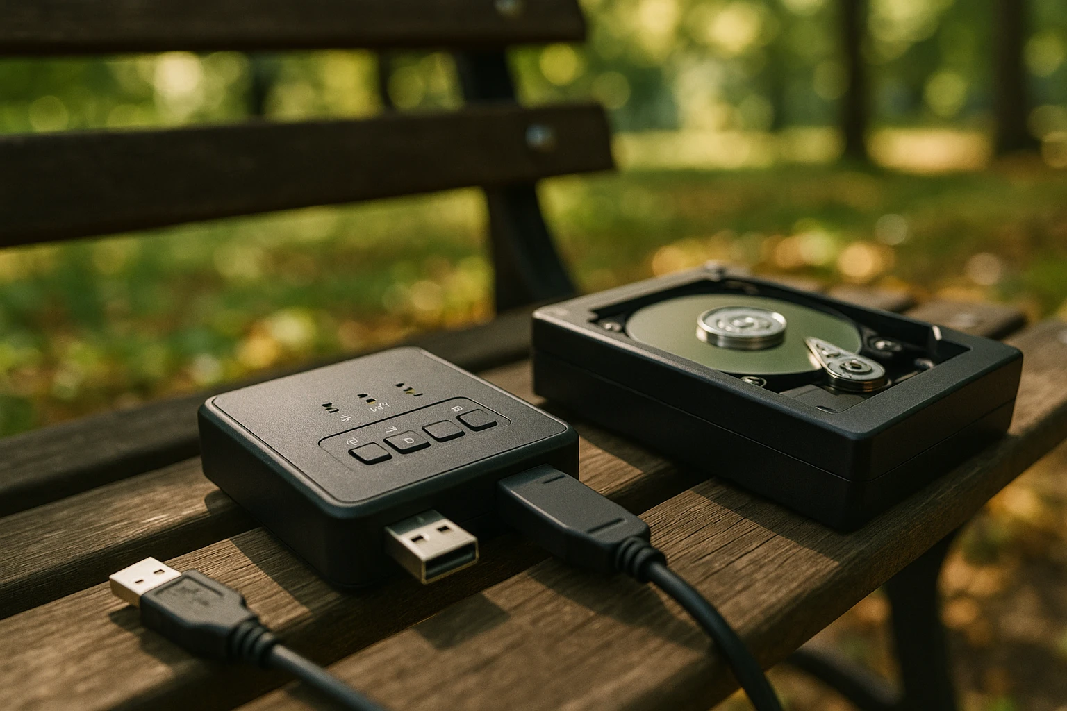 A close-up of a digital forensic toolkit, including a USB data recovery device and portable drive scanner, laid out on a park bench in a leafy outdoor setting, with sunlight filtering through the trees.