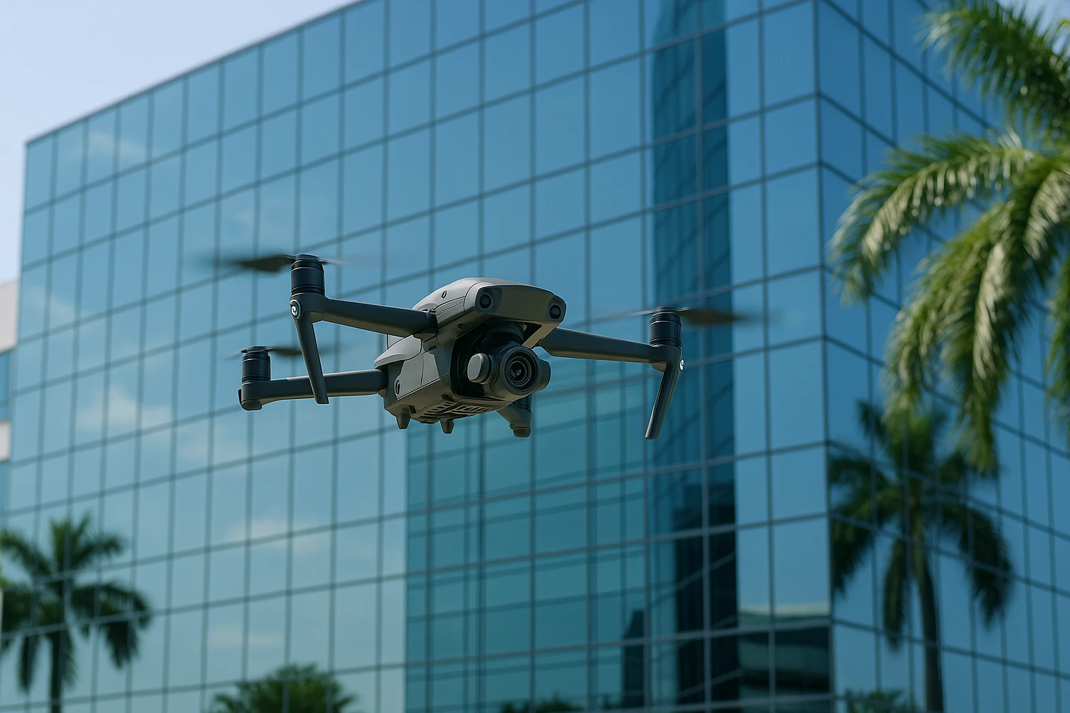 A sleek drone equipped with a camera hovering silently above a modern office building in Palm Beach Gardens, capturing high-resolution images through the reflective glass facade as palm trees sway gently nearby.