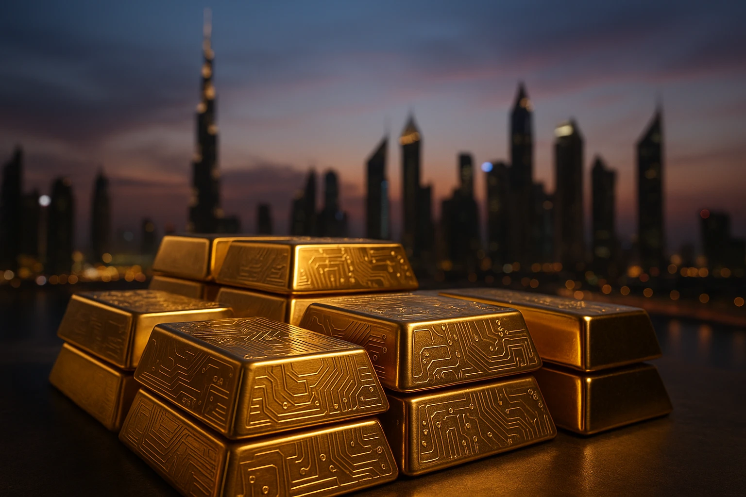 Stacks of gold bars with digital circuit patterns engraved on them, set against a backdrop of Dubai's futuristic skyline at dusk.