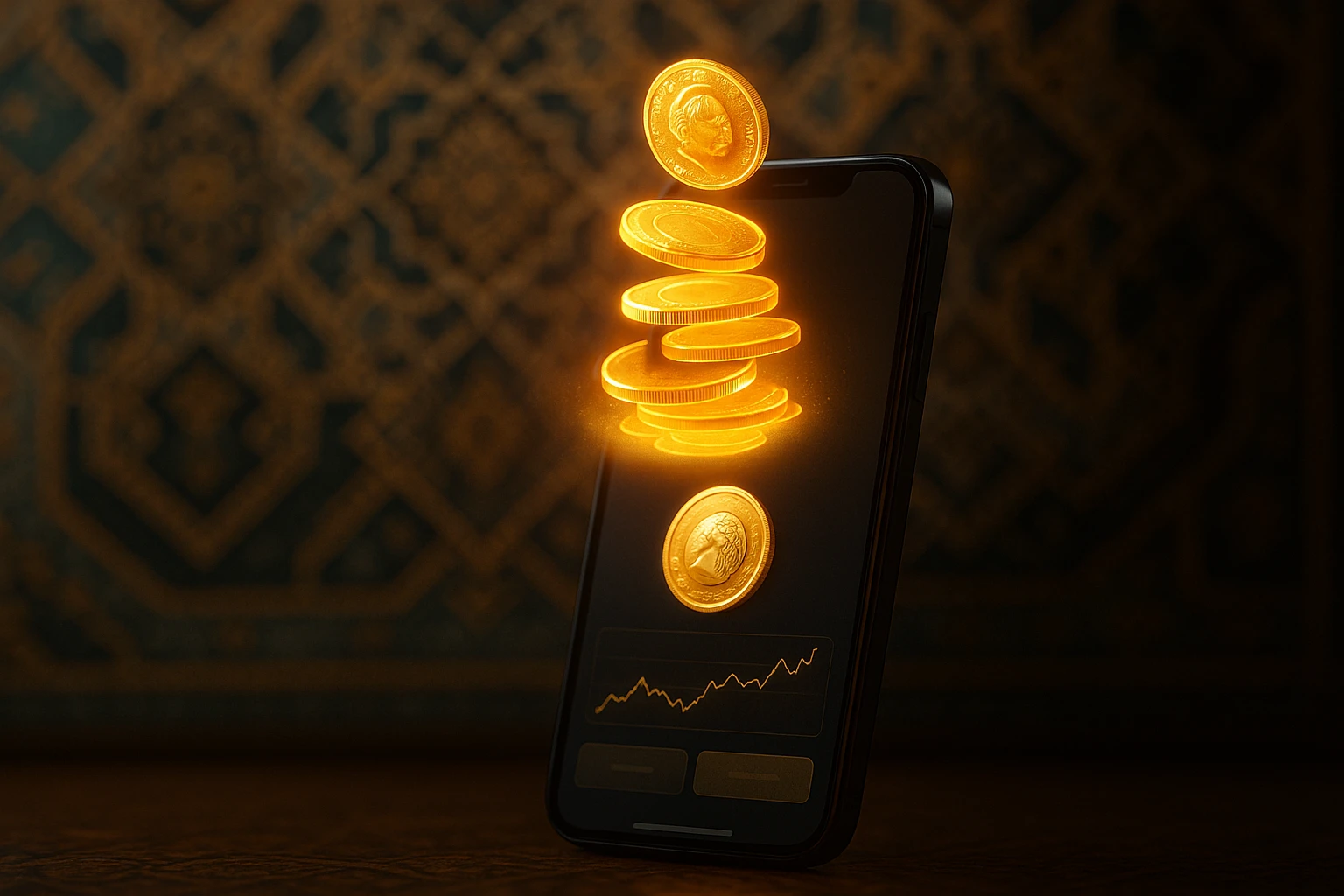A close-up of a smartphone displaying a digital gold app, with a glowing holographic representation of gold coins floating above, set against the backdrop of an ornate Middle Eastern architectural pattern.