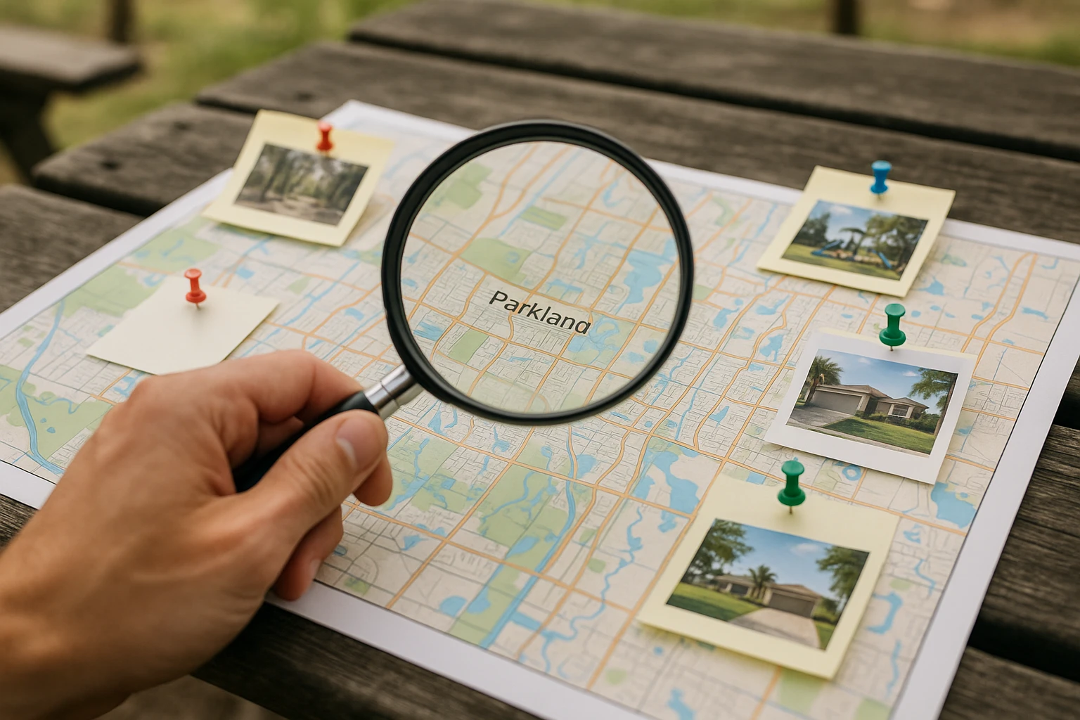 A hand holding a magnifying glass over a Parkland, Florida map, with scattered notes and photos pinned around specific locations, set on an outdoor picnic table.