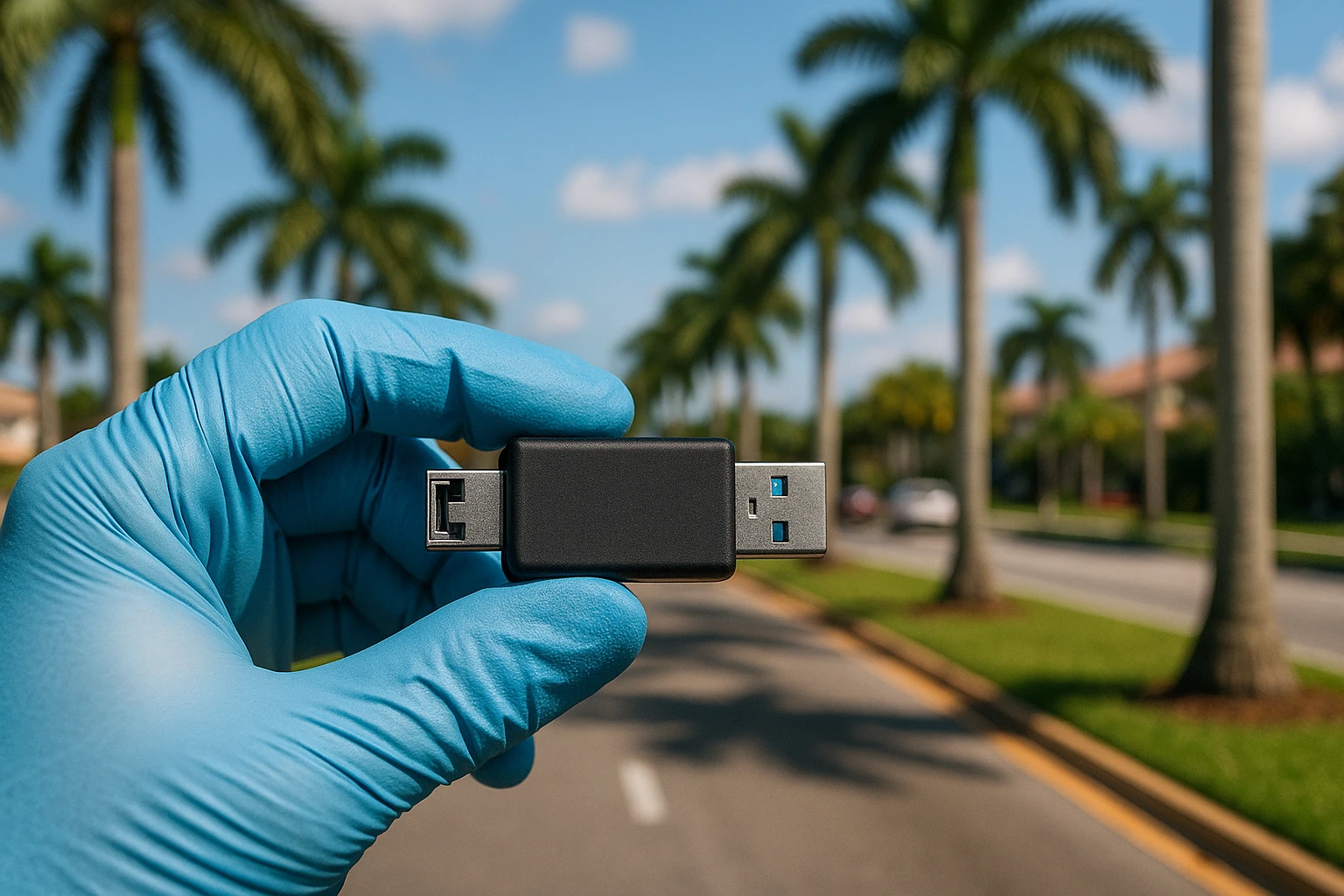 A close-up of a gloved hand holding a digital forensic tool, like a USB data blocker, against the backdrop of a vibrant Parkland, Florida street scene, with palm trees lining the road.