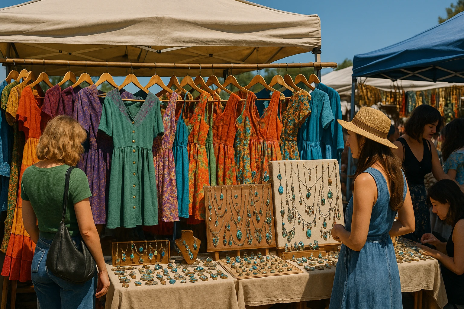 A vibrant marketplace stall showcasing an array of colorful vintage clothing and unique handcrafted jewelry under a bright blue sky, with shoppers browsing and admiring the products.