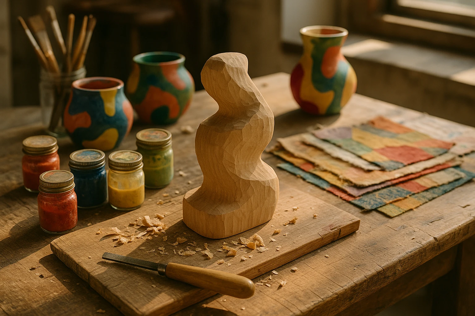 A close-up shot of a wooden artisan's workbench covered with tools, paints, and a partially carved wooden sculpture, surrounded by vintage fabric swatches and a few vibrant, handmade ceramic pots in a sunlit studio.