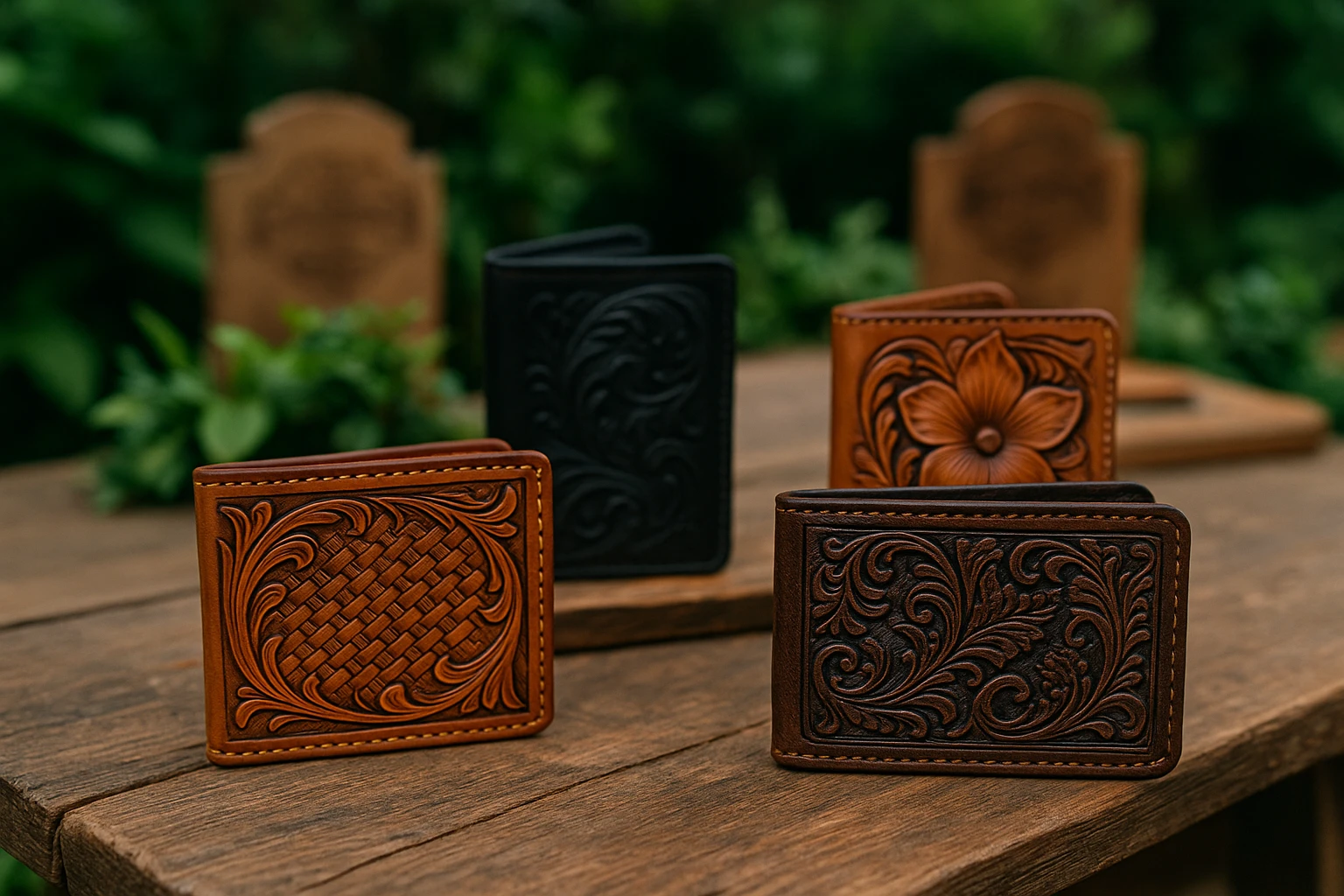 A collection of intricately designed, handmade leather wallets displayed on a rustic wooden table, with a backdrop of lush greenery and artisanal branding signs, capturing the essence of a niche, community-driven marketplace.