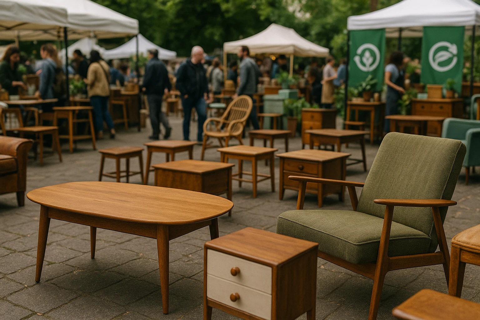 A bustling outdoor market with stalls featuring a variety of pre-owned and upcycled furniture pieces, such as a refurbished wooden coffee table and a retro armchair, set against a backdrop of greenery and eco-friendly brand banners.