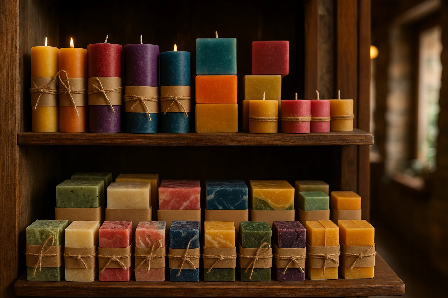 A shelf filled with assorted, vibrantly colored handmade candles and soaps, each individually wrapped in eco-friendly packaging, nestled in a cozy corner of a rustic boutique with wooden accents and soft, ambient lighting.