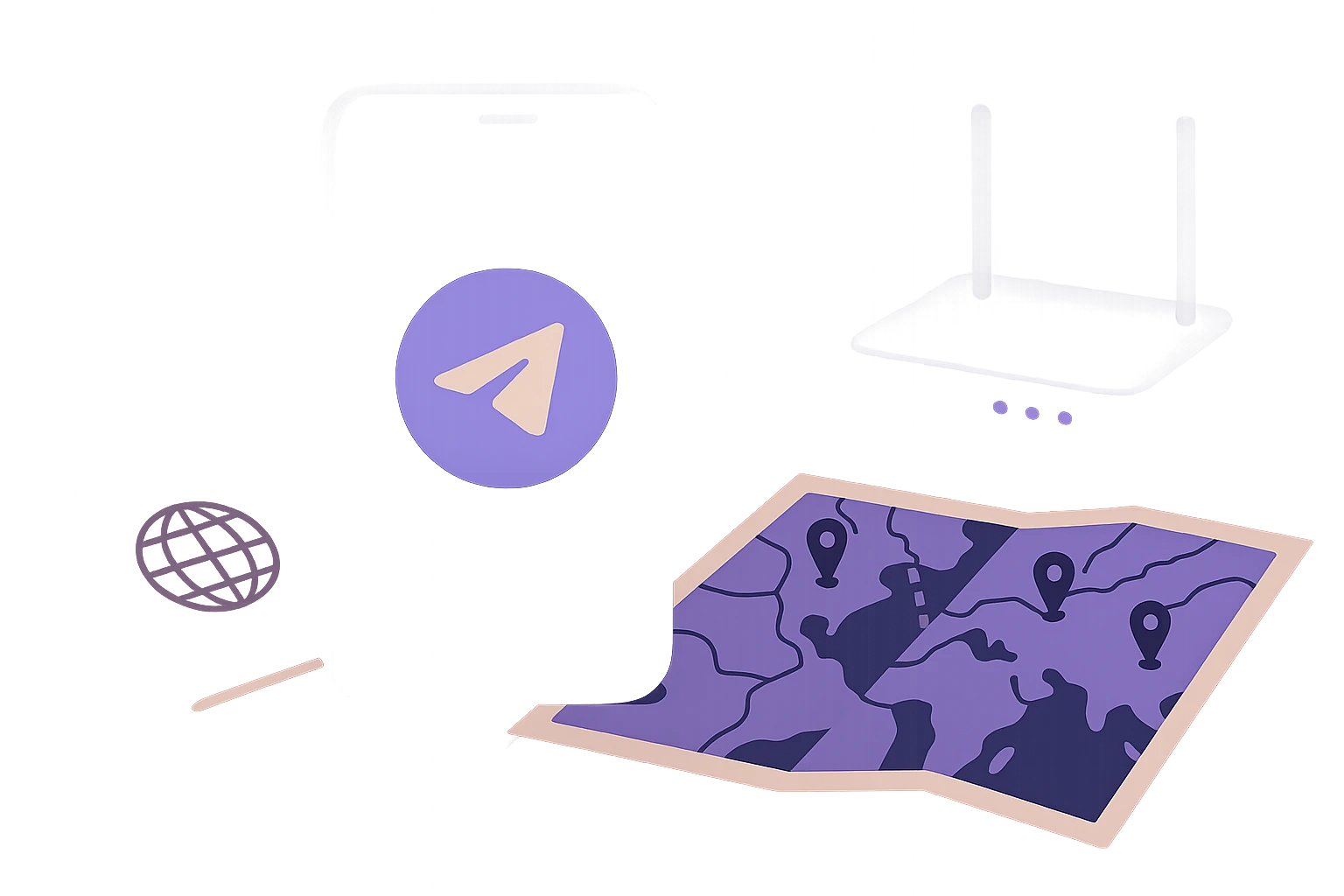 A smartphone displaying the Telegram logo rests on a rustic wooden table beside a vintage passport, a map marked with pins, and a WiFi router with blinking lights, symbolizing access to communication tools despite geographical restrictions.