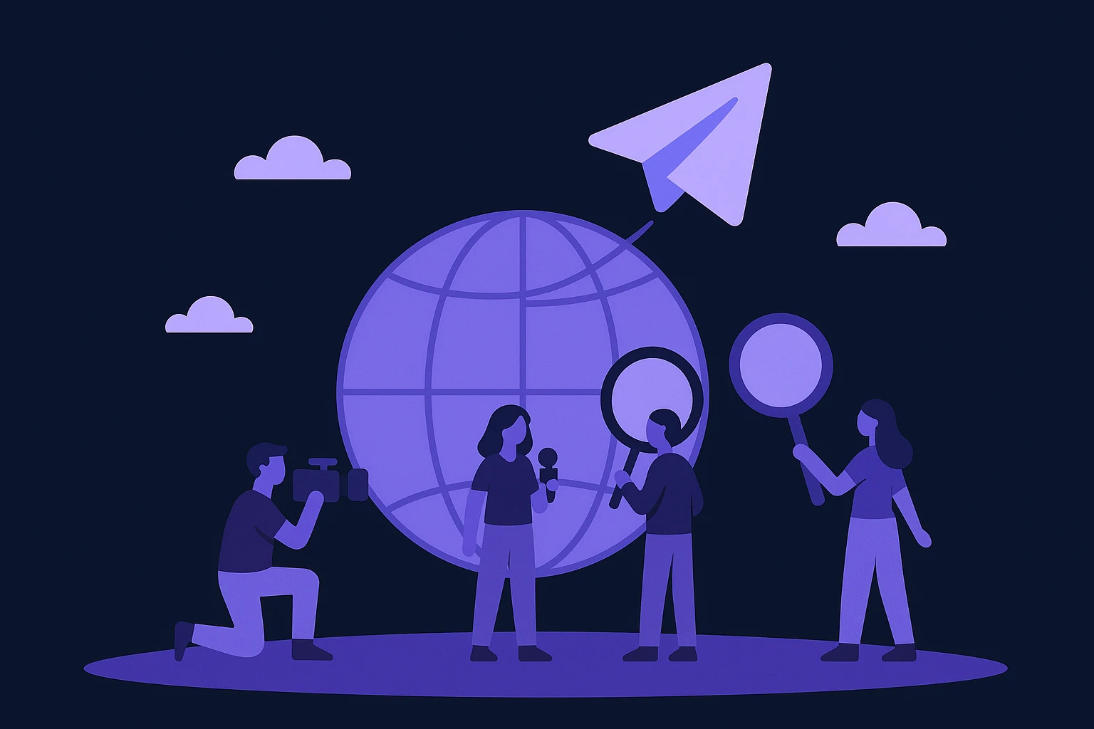 A globe surrounded by small figurines of journalists and magnifying glasses, with a paper airplane symbolizing Telegram's logo flying above, set outdoors against a clear sky to represent bypassing geographic restrictions.