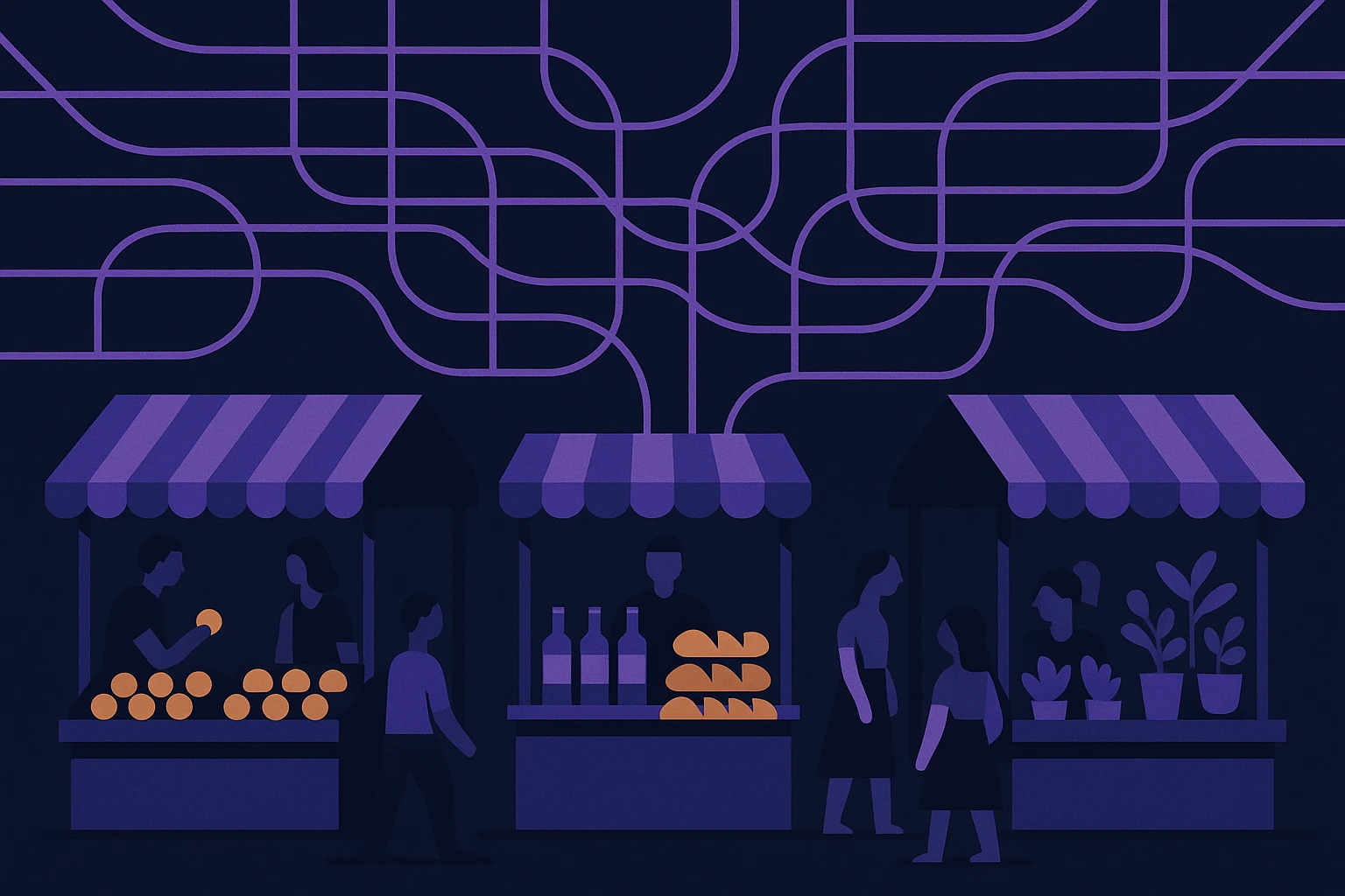 A bustling outdoor market with colorful stalls, each showcasing rows of different products, and a complex web of network cables overhead symbolizing connectivity and data exchange.
