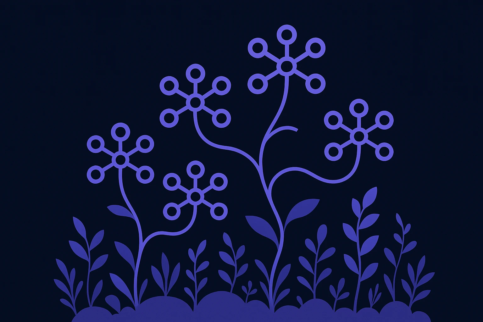 A lush garden scene with flowers shaped like network nodes, connected by delicate vines resembling data lines, symbolizing the interconnectedness and fluidity of rotating proxies in web scraping.