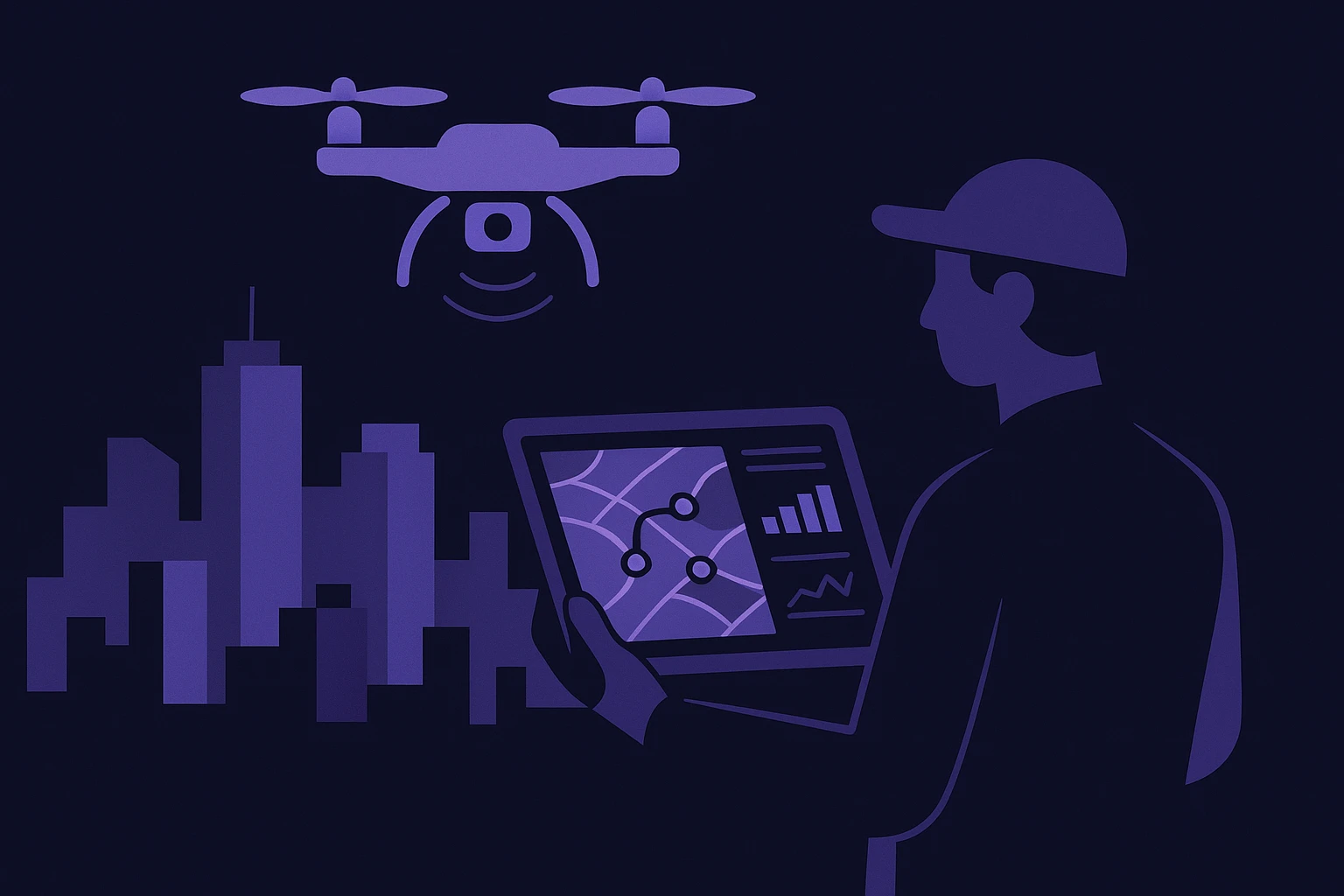 A drone hovering above a city skyline, capturing high-resolution geographic data, with digital overlay maps displaying real-time analytics on a tablet held by a field operator standing nearby.
