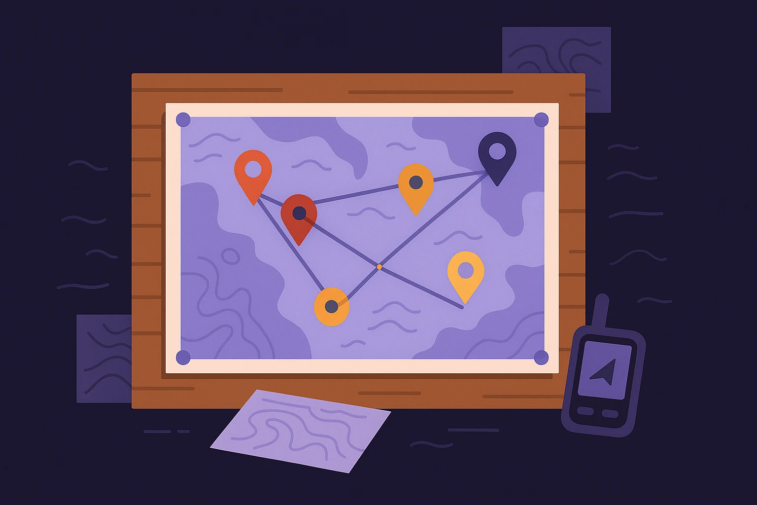 A large printed map pinned to a wooden board in a rustic field office, with various colored pins and strings connecting different locations, surrounded by topographical charts and a portable GPS device resting nearby.