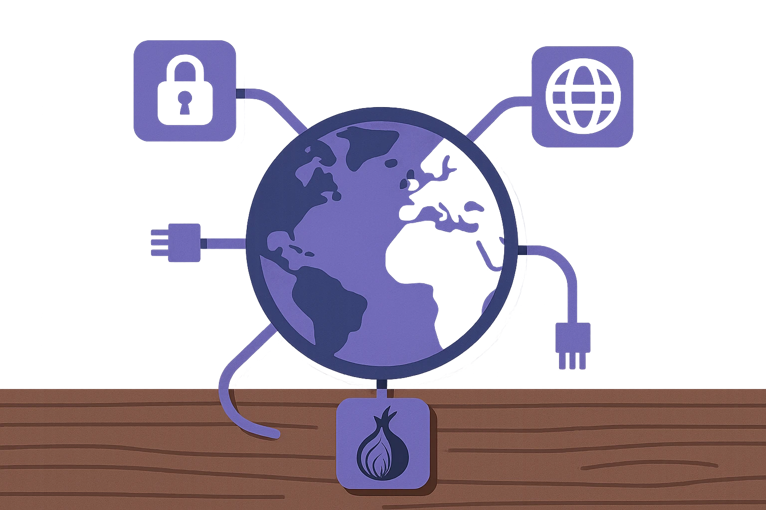 A close-up image of a globe surrounded by miniature network cables, each leading to a small physical icon representing VPN, proxy, and Tor, set against a wooden table background.