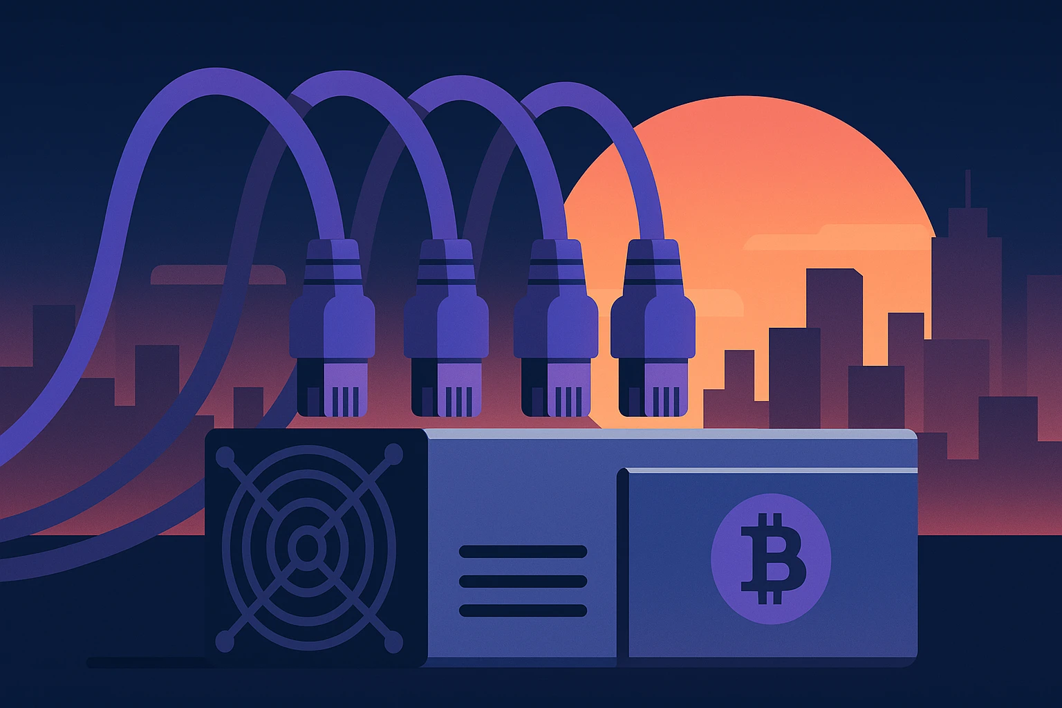 A blurred close-up of a series of network cables connecting to a sleek, metallic cryptocurrency mining rig outdoors, with a backdrop of a city skyline at sunset.