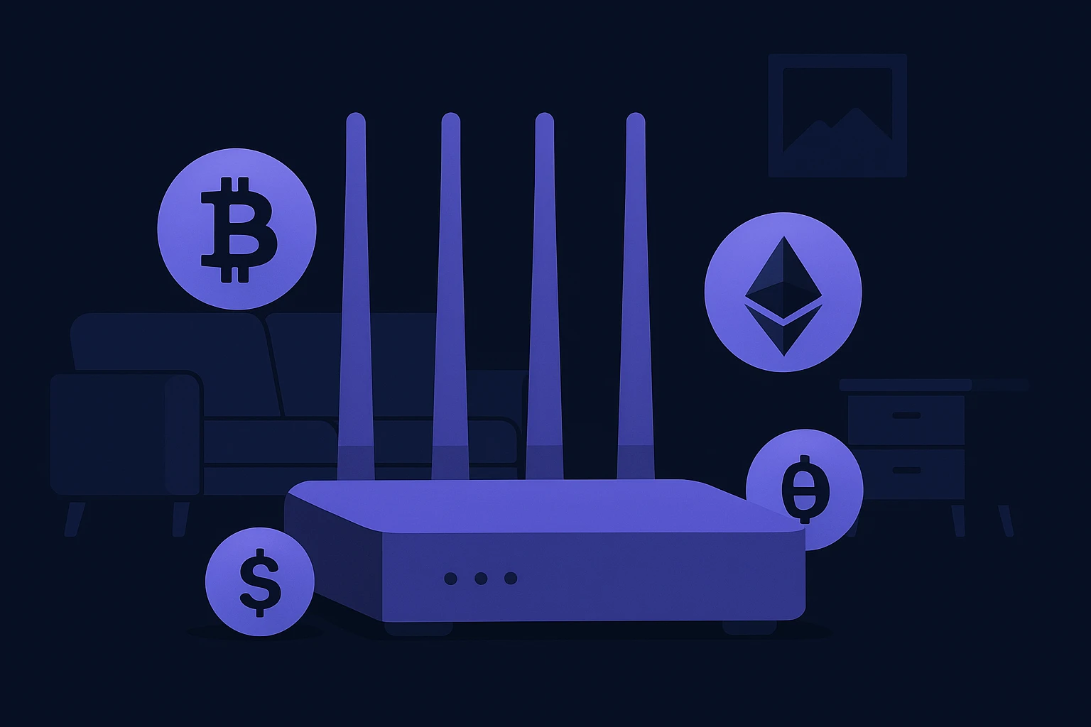 A close-up of a sophisticated router with multiple antennas in a modern living room, surrounded by miniature cryptocurrency symbols like Bitcoin and Ethereum, signifying the role of proxies in securing trading operations.
