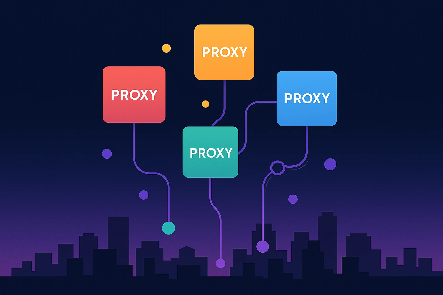 A cluster of colored proxy server icons hovering above a futuristic cityscape at dawn, each icon connected to different nodes representing sticky and rotating sessions with pulsating lines.
