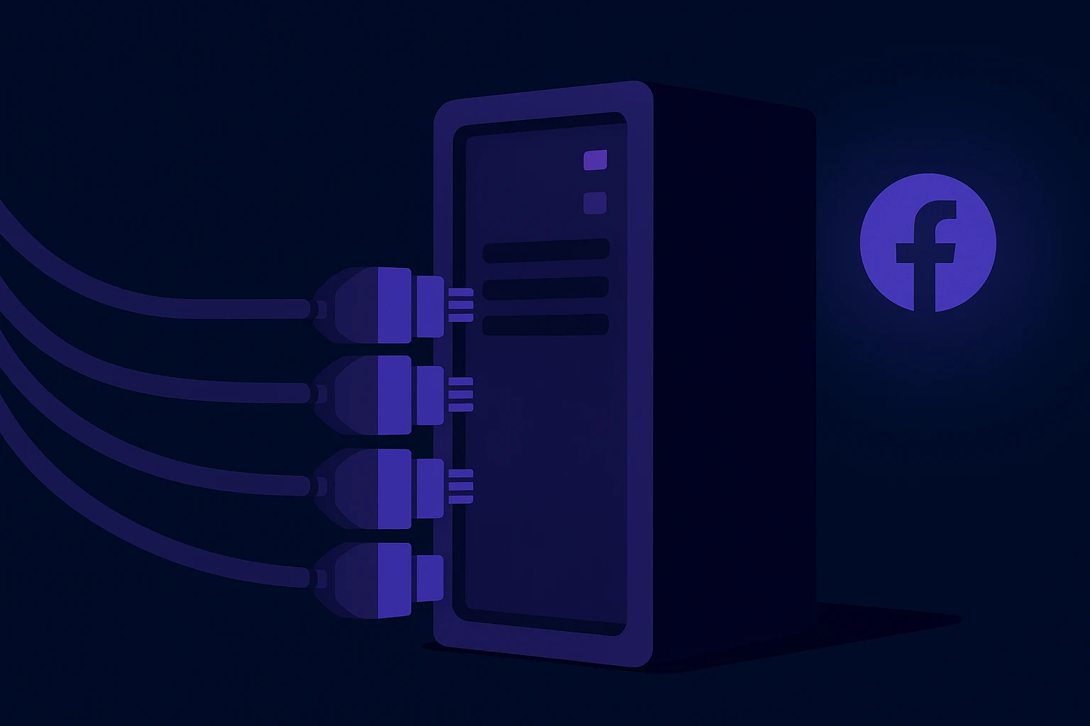 A series of network cables connecting to a sleek, modern server rack in a dimly lit room with the Facebook logo subtly illuminated on a wall in the background.