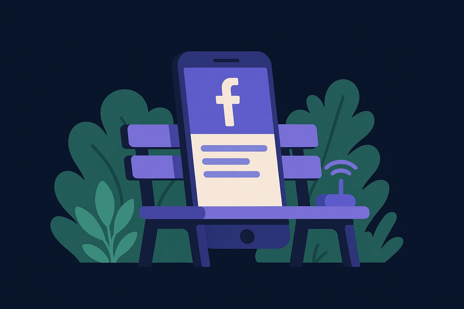 A smartphone displaying the Facebook app interface while resting on a park bench, with surrounding greenery and a small Wi-Fi router placed beside it, hinting at connectivity and privacy in an outdoor setting.