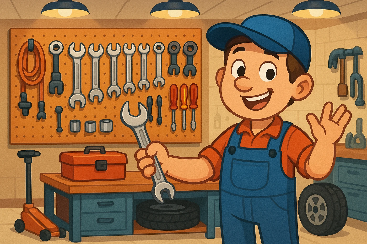 A well-organized garage workshop with a variety of automotive tools neatly arranged on a pegboard, including wrenches, ratchets, and screwdrivers, all gleaming under bright overhead lights, ready for use during a sale event.