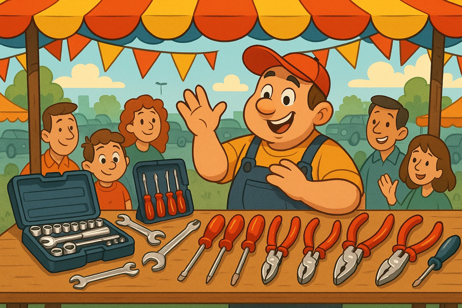 A bustling outdoor market stall at an automotive fair, featuring an array of shiny, brand-new automotive tools like socket sets, pliers, and screwdrivers neatly displayed on a long wooden table, with banners overhead advertising the sale in bold, vibrant colors.
